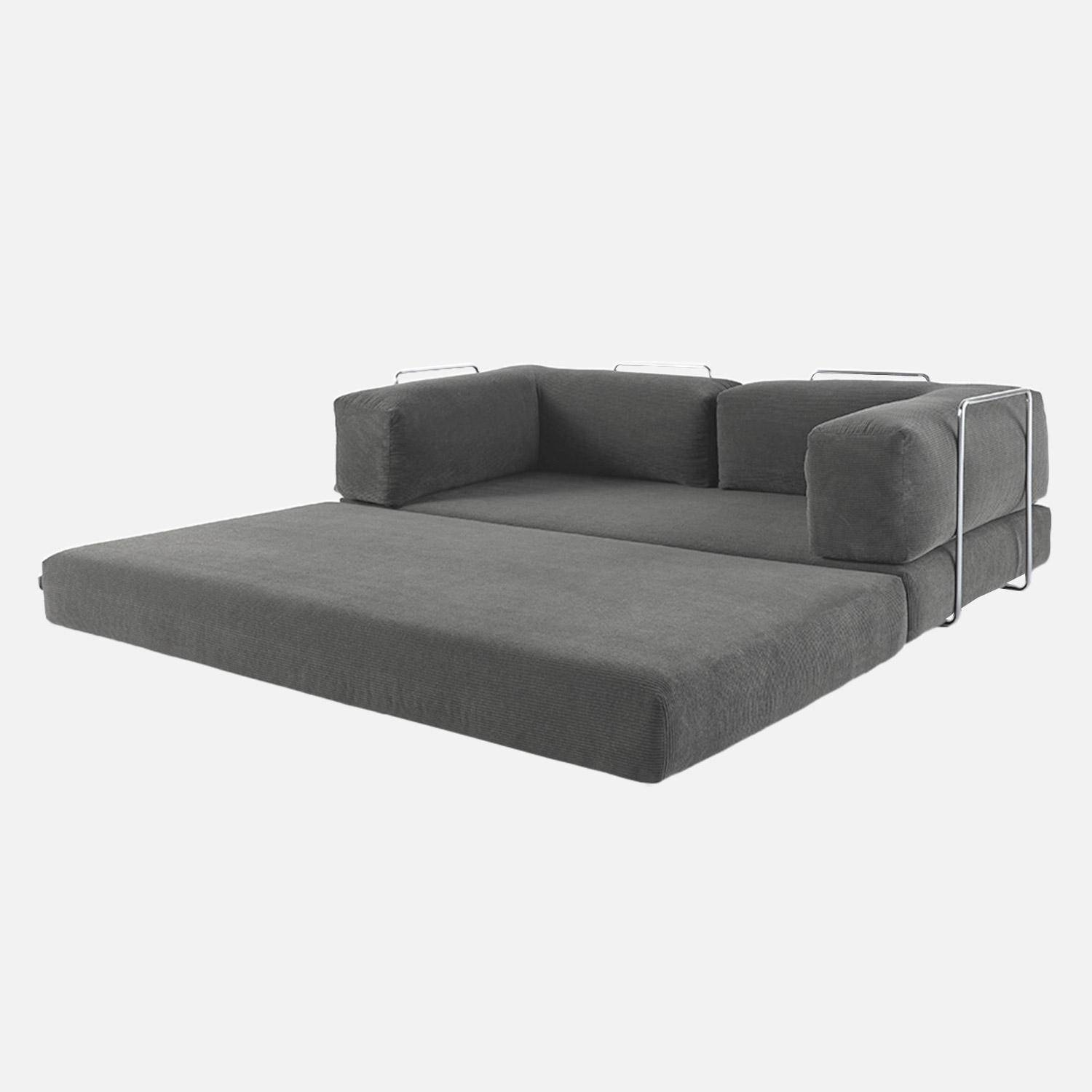 Canapé vintage convertible 3 places en velours côtelé gris et armatures chromées L 200 x P 100 x H 72cm - Seventies,sweeek,Photo4