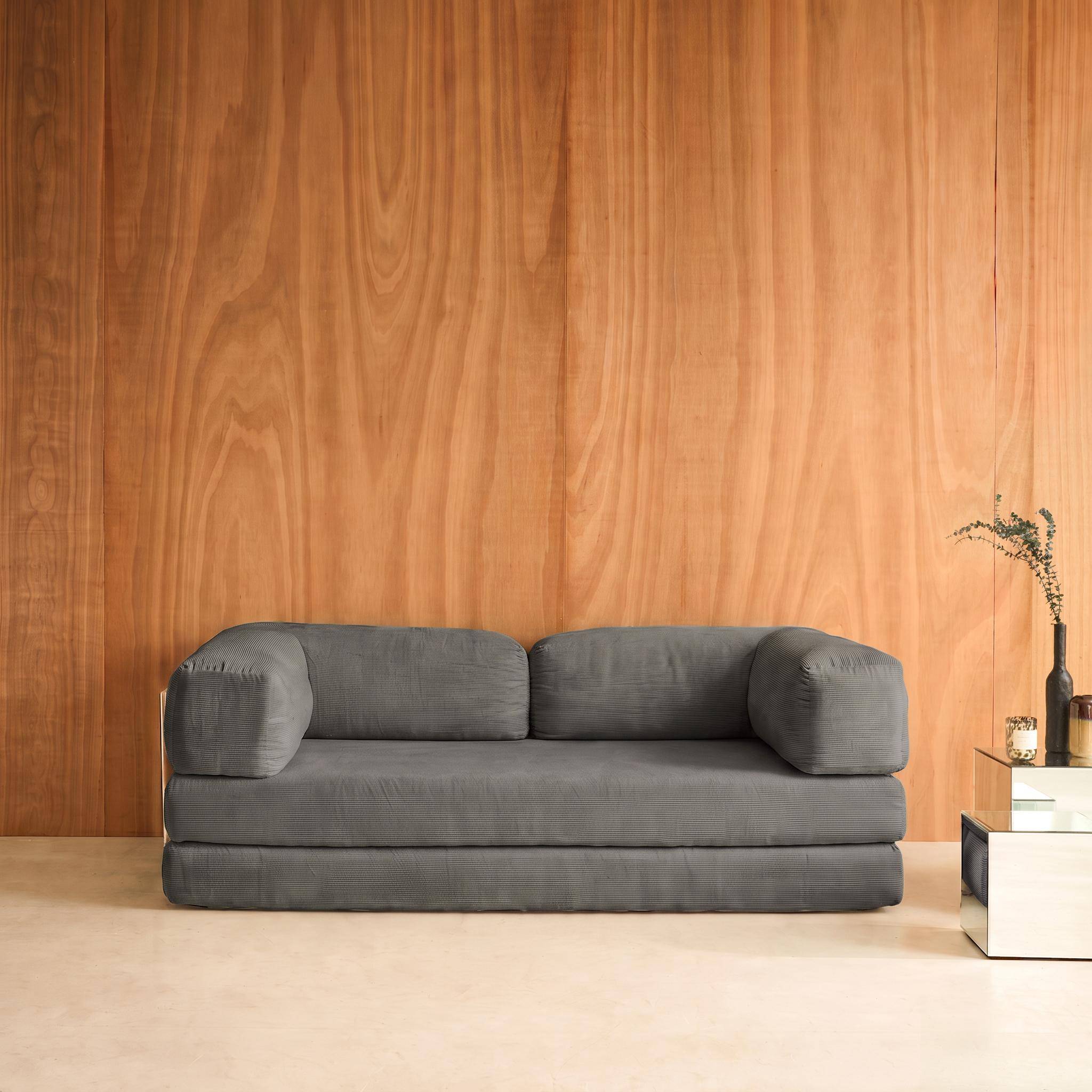 Vintage slaapbank driezits in corduroy met chromen frame grijs 200x100x72cm - Seventies Photo1