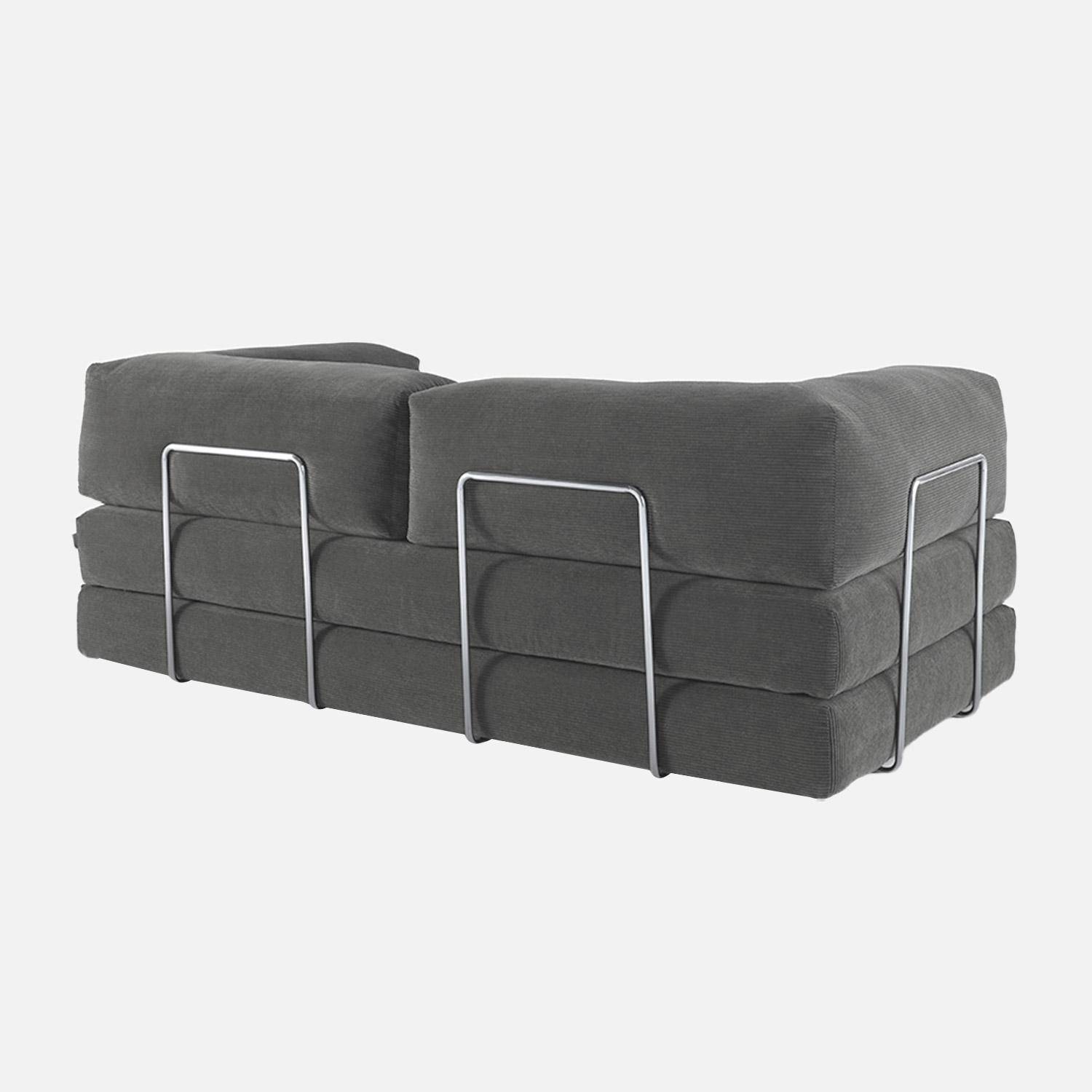 Canapé vintage convertible 3 places en velours côtelé gris et armatures chromées L 200 x P 100 x H 72cm - Seventies,sweeek,Photo3