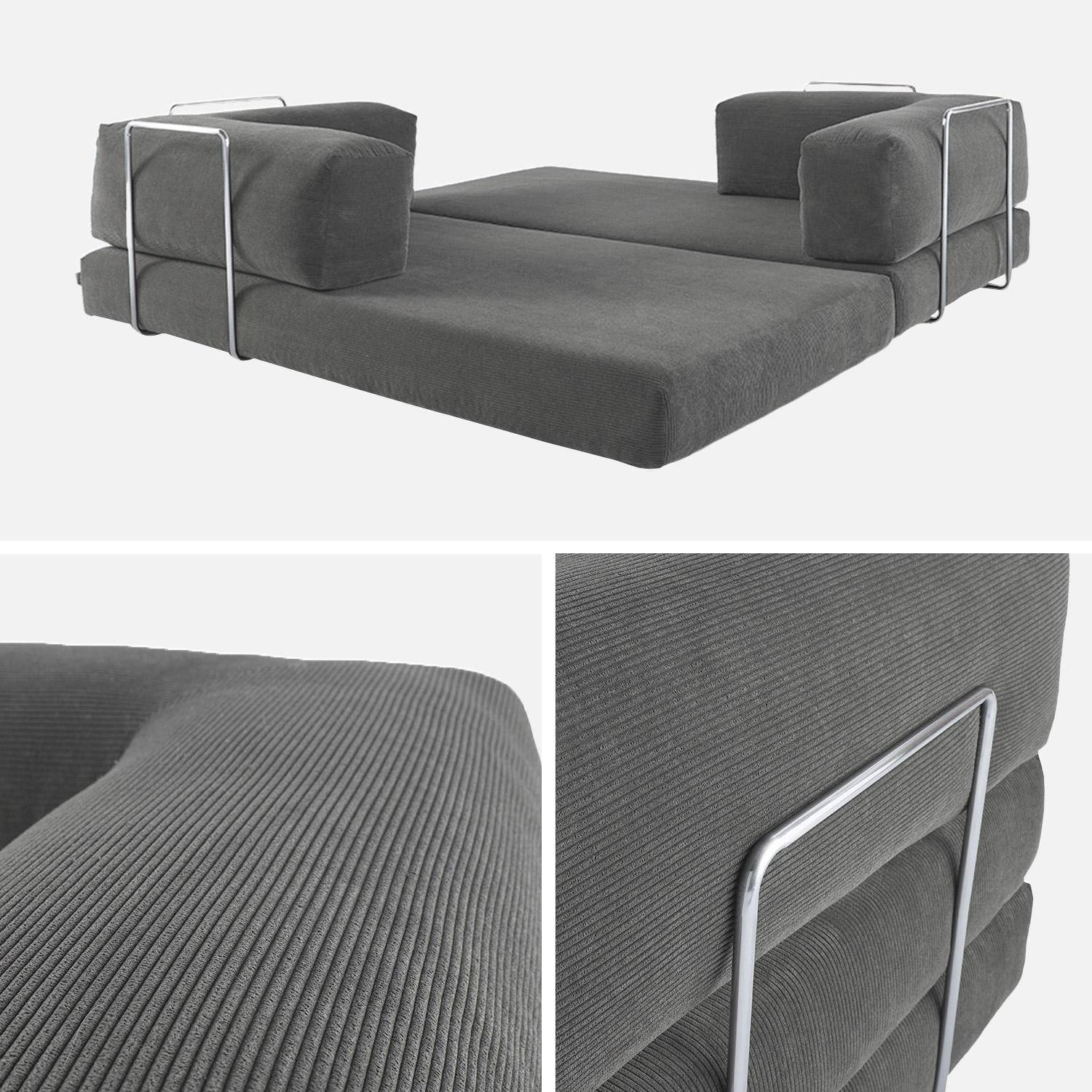Canapé vintage convertible 3 places en velours côtelé gris et armatures chromées L 200 x P 100 x H 72cm - Seventies,sweeek,Photo5