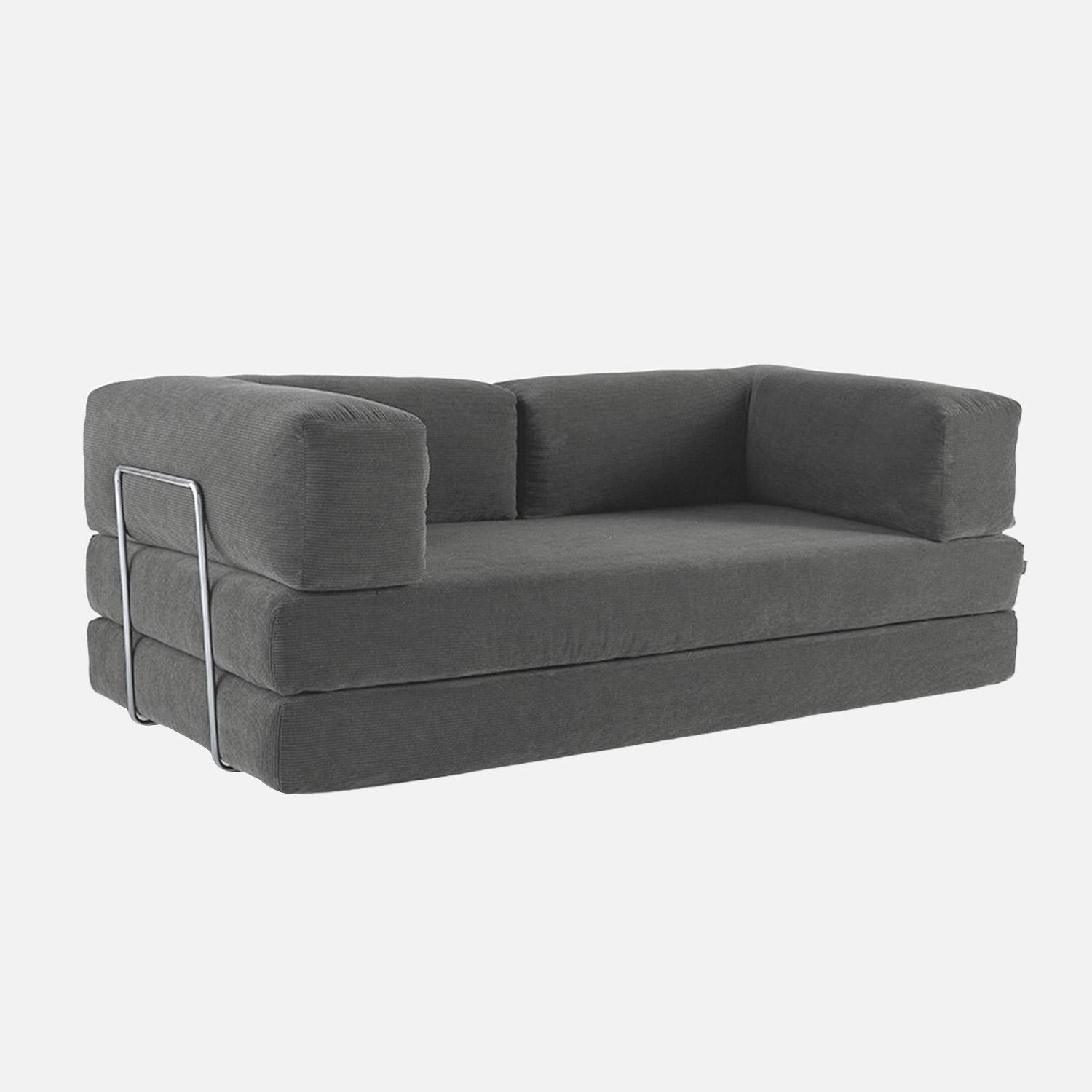 Canapé vintage convertible 3 places en velours côtelé gris et armatures chromées L 200 x P 100 x H 72cm - Seventies Photo1