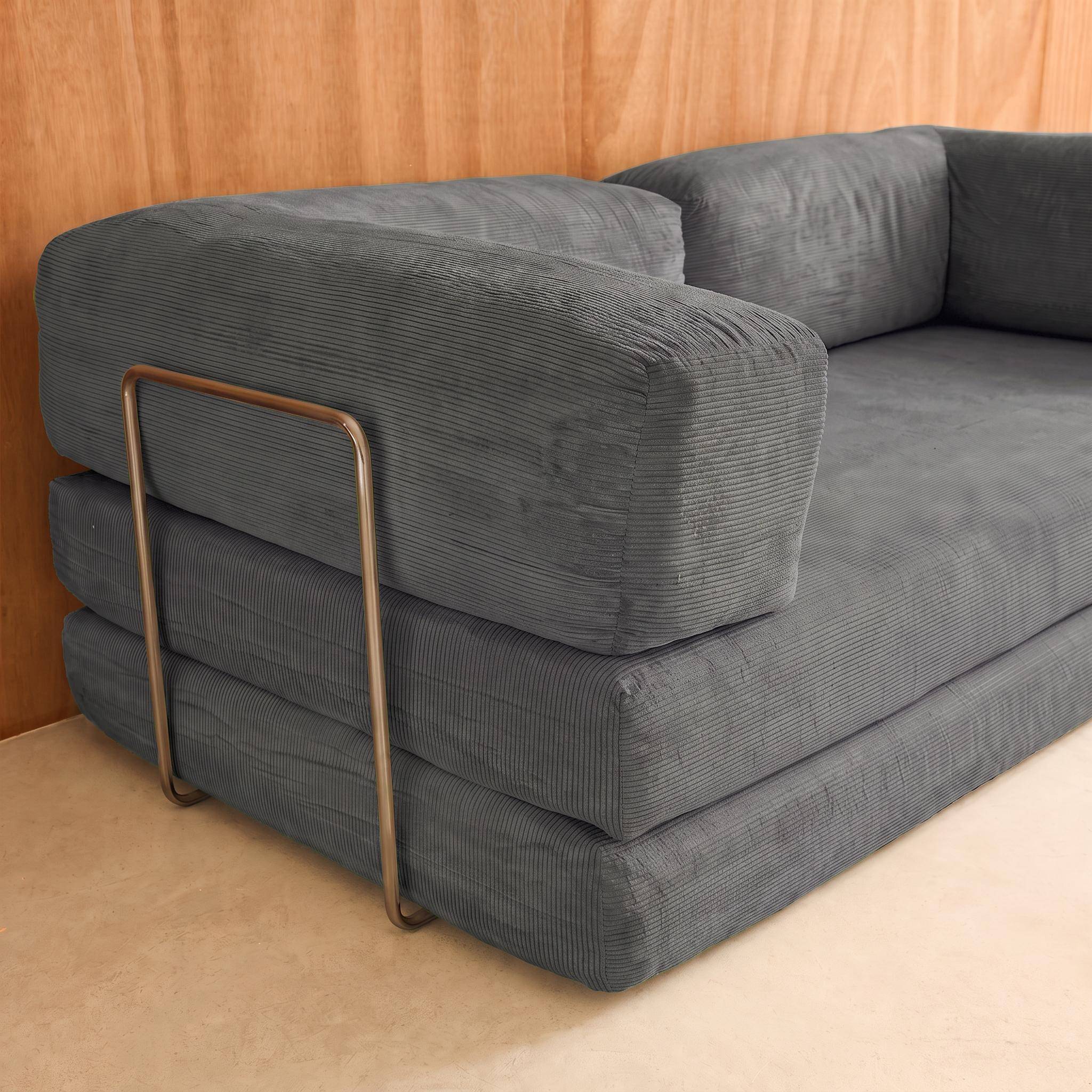 Vintage slaapbank driezits in corduroy met chromen frame grijs 200x100x72cm - Seventies,sweeek,Photo5