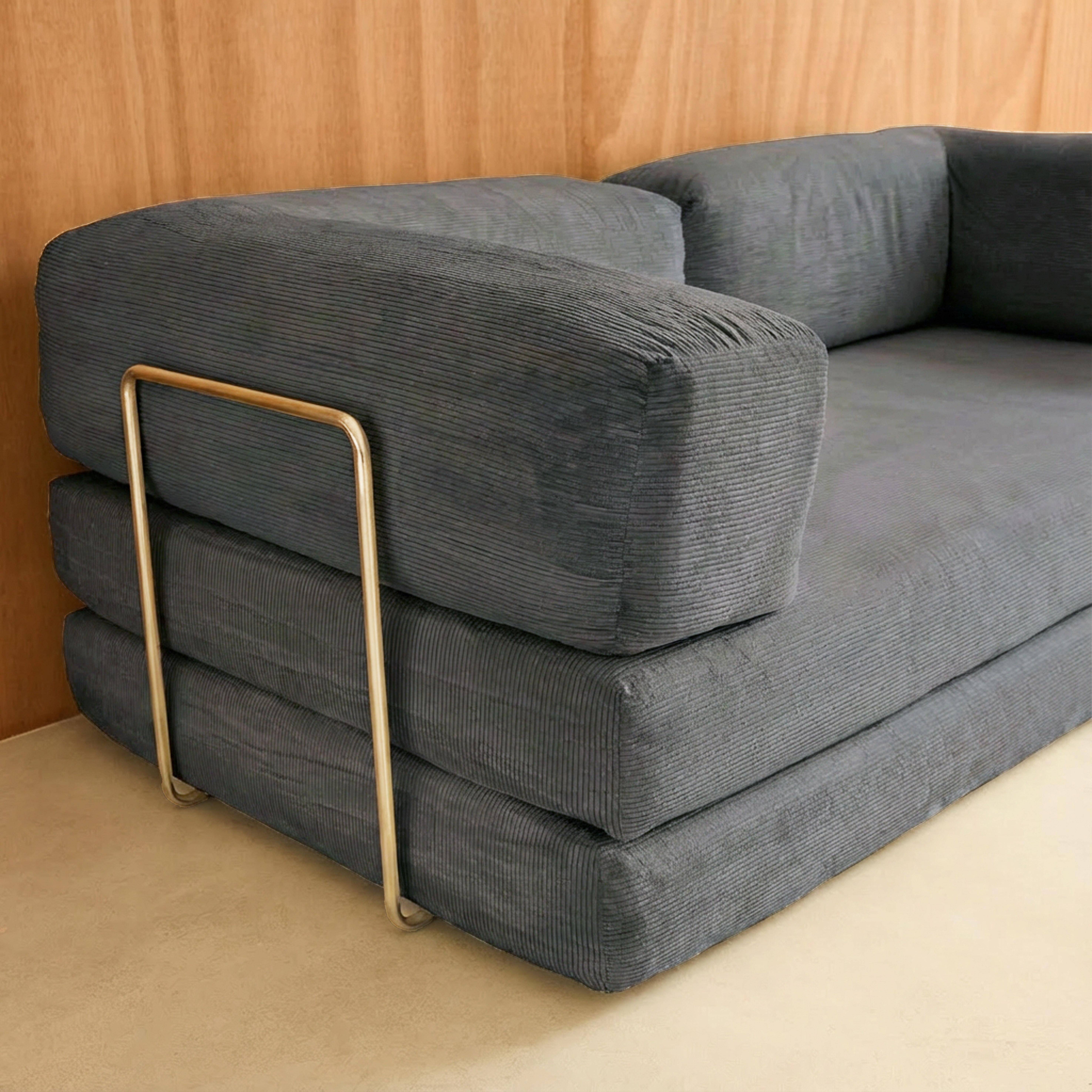 Canapé vintage convertible 3 places en velours côtelé gris et armatures chromées L 200 x P 100 x H 72cm - Seventies Photo5