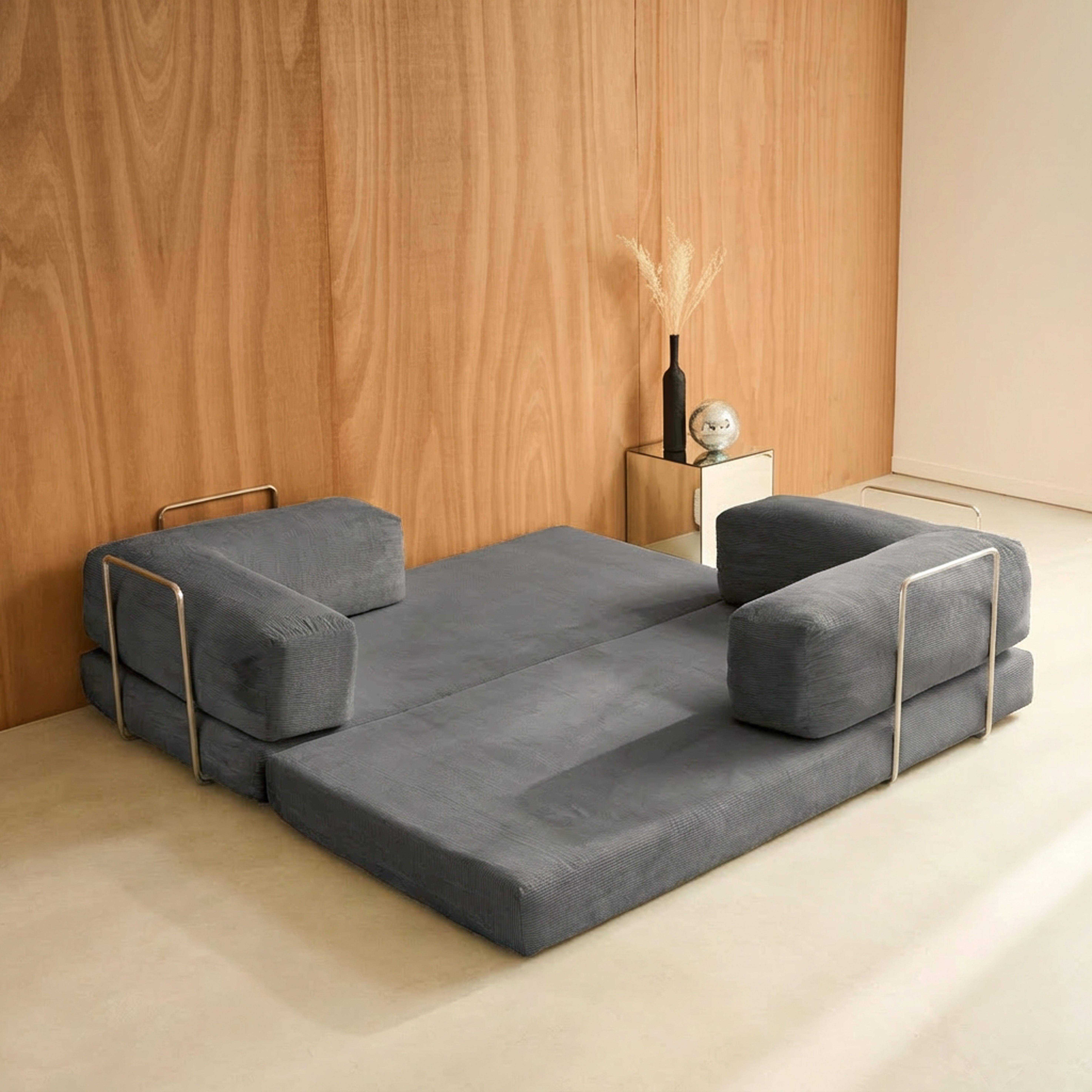 Canapé vintage convertible 3 places en velours côtelé gris et armatures chromées L 200 x P 100 x H 72cm - Seventies,sweeek,Photo8