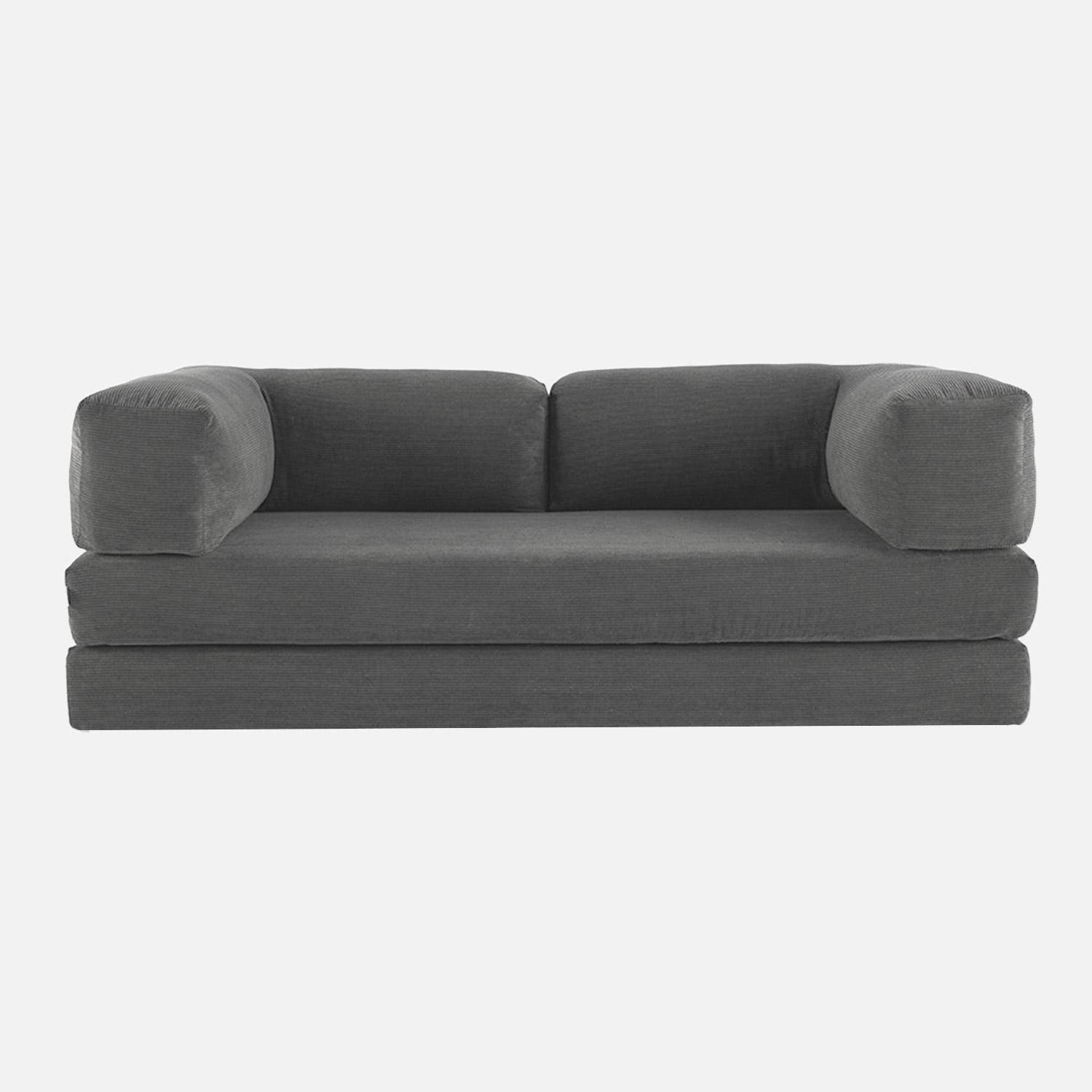 Canapé vintage convertible 3 places en velours côtelé gris et armatures chromées L 200 x P 100 x H 72cm - Seventies,sweeek,Photo2