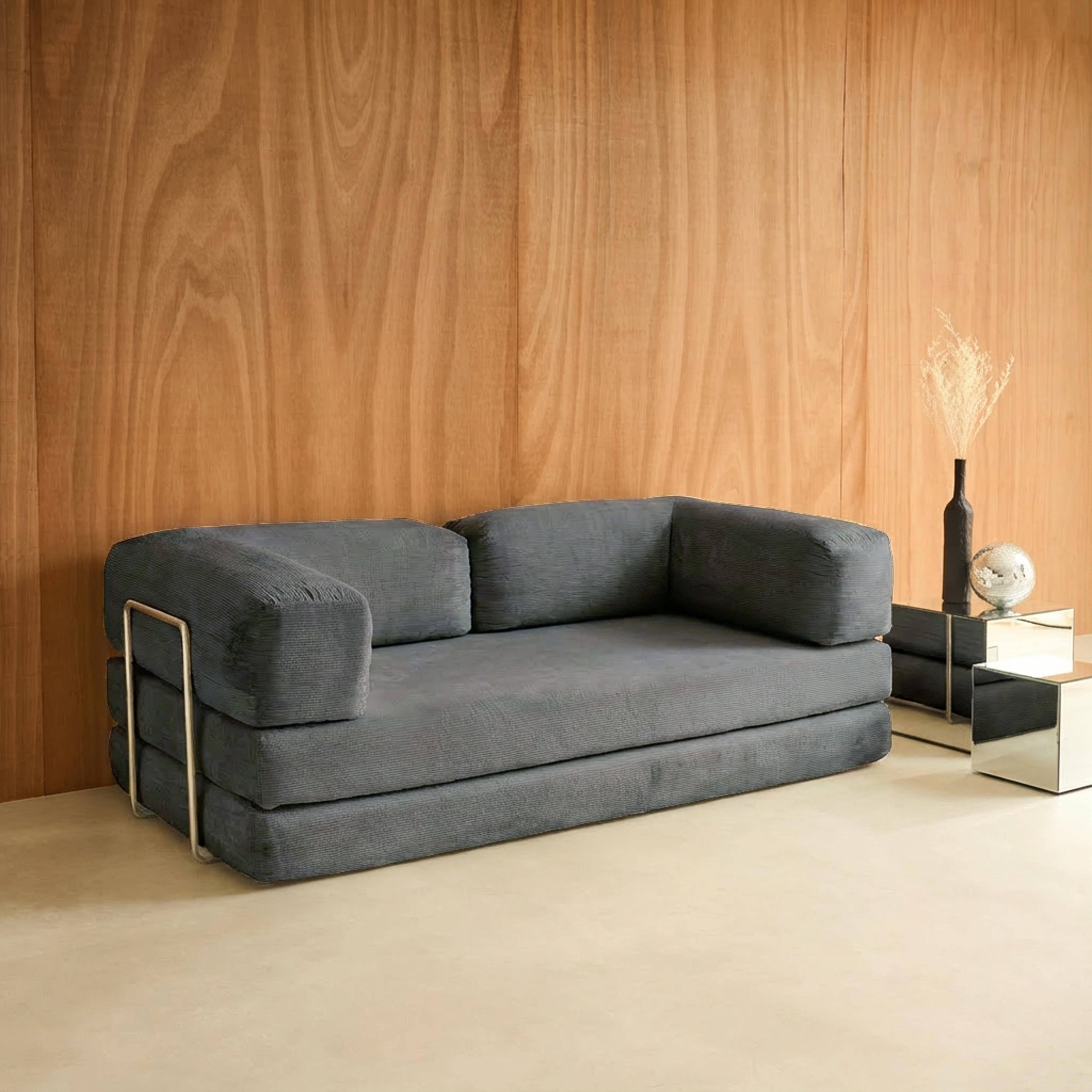 Canapé vintage convertible 3 places en velours côtelé gris et armatures chromées L 200 x P 100 x H 72cm - Seventies,sweeek,Photo2