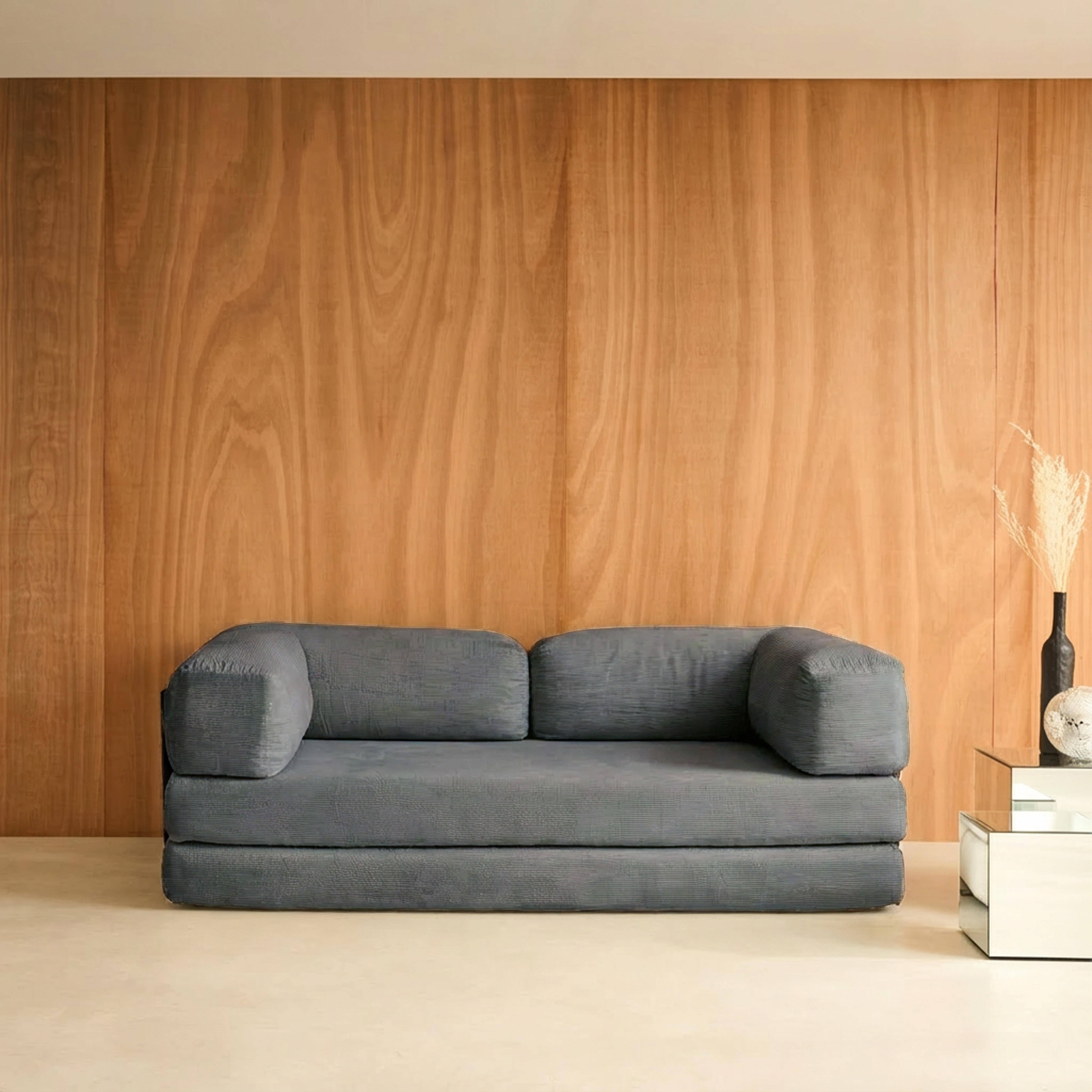 Canapé vintage convertible 3 places en velours côtelé gris et armatures chromées L 200 x P 100 x H 72cm - Seventies,sweeek,Photo1