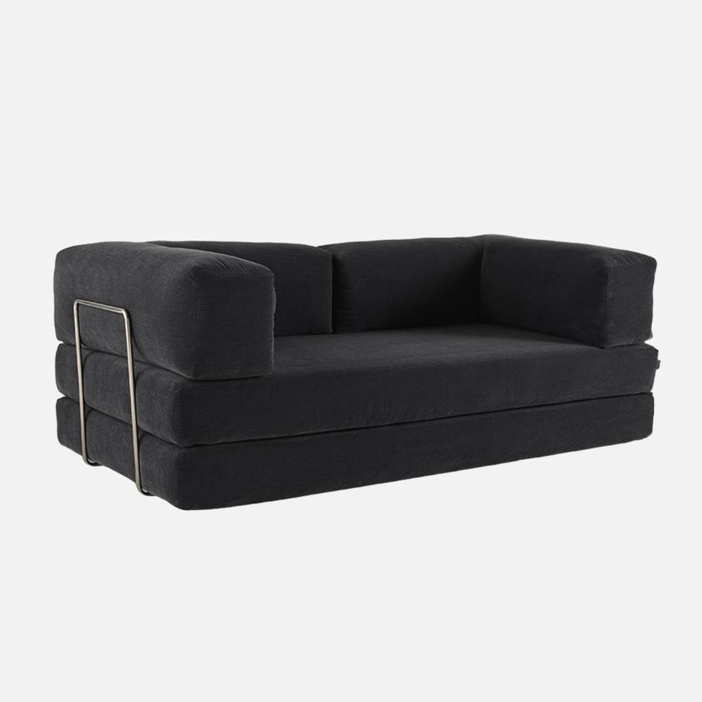 Canapé vintage convertible 3 places velours côtelé anthracite et armatures chromées