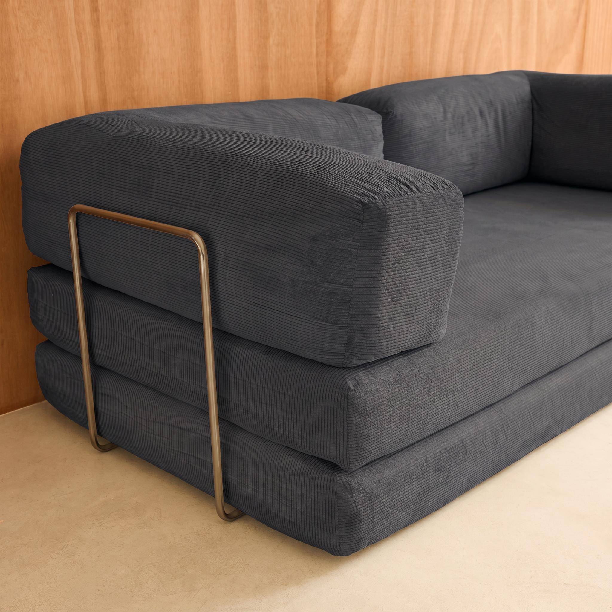 Vintage slaapbank driezits in corduroy met chromen frame antraciet 200x100x72cm - Seventies,sweeek,Photo5