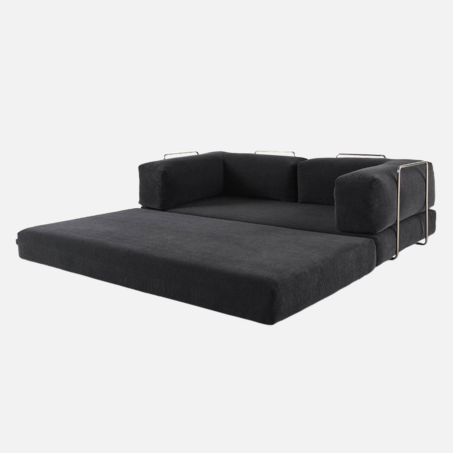 Canapé vintage convertible 3 places en velours côtelé anthracite et armatures chromées L 200 x P 100 x H 72cm - Seventies,sweeek,Photo4