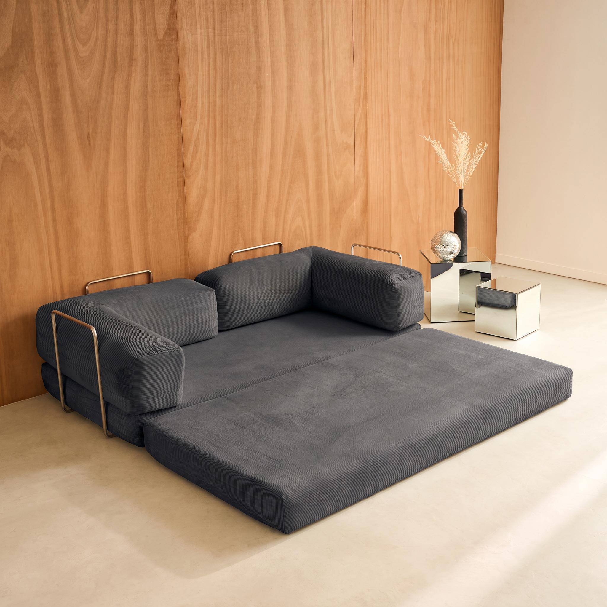Vintage slaapbank driezits in corduroy met chromen frame antraciet 200x100x72cm - Seventies,sweeek,Photo7