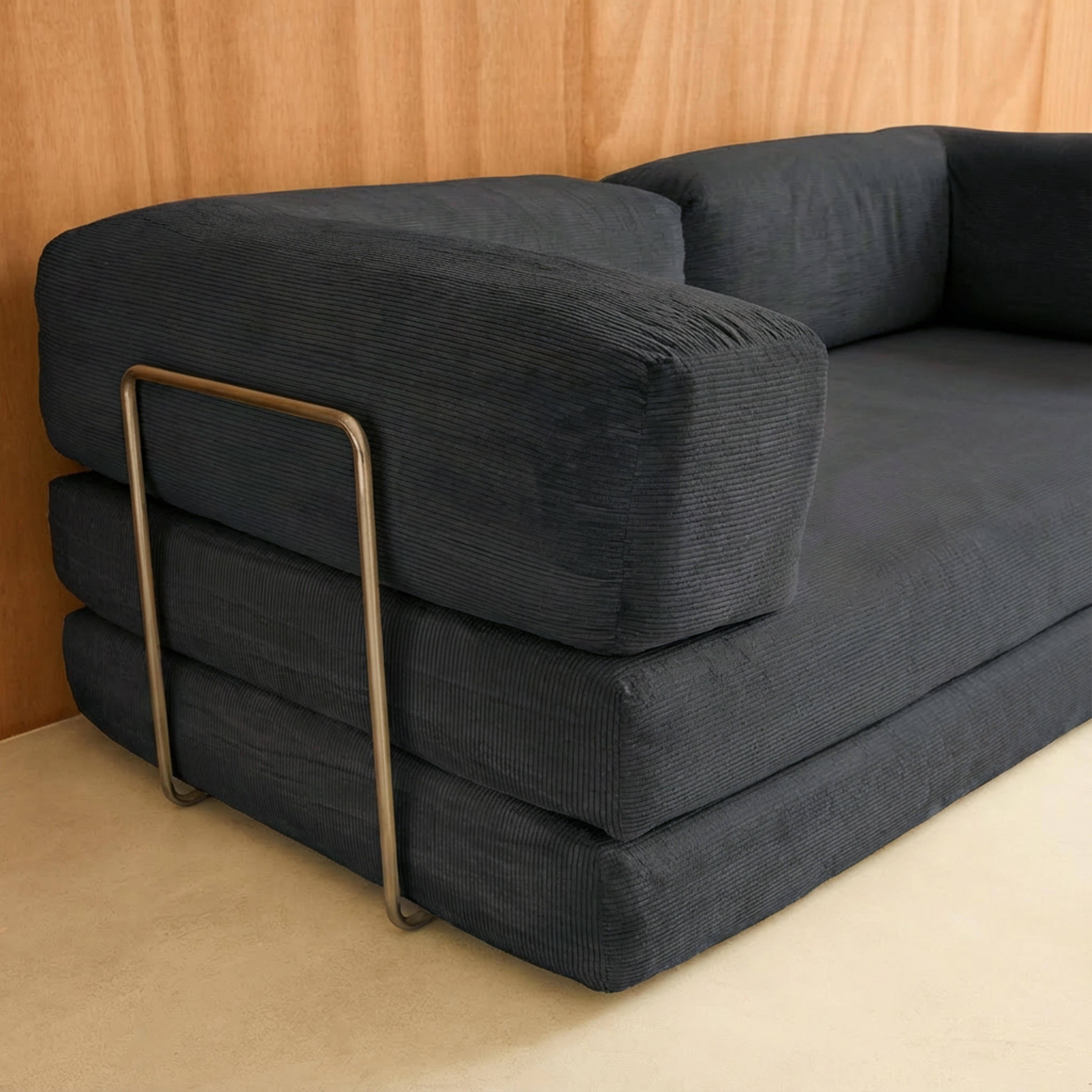 Canapé vintage convertible 3 places en velours côtelé anthracite et armatures chromées L 200 x P 100 x H 72cm - Seventies Photo5