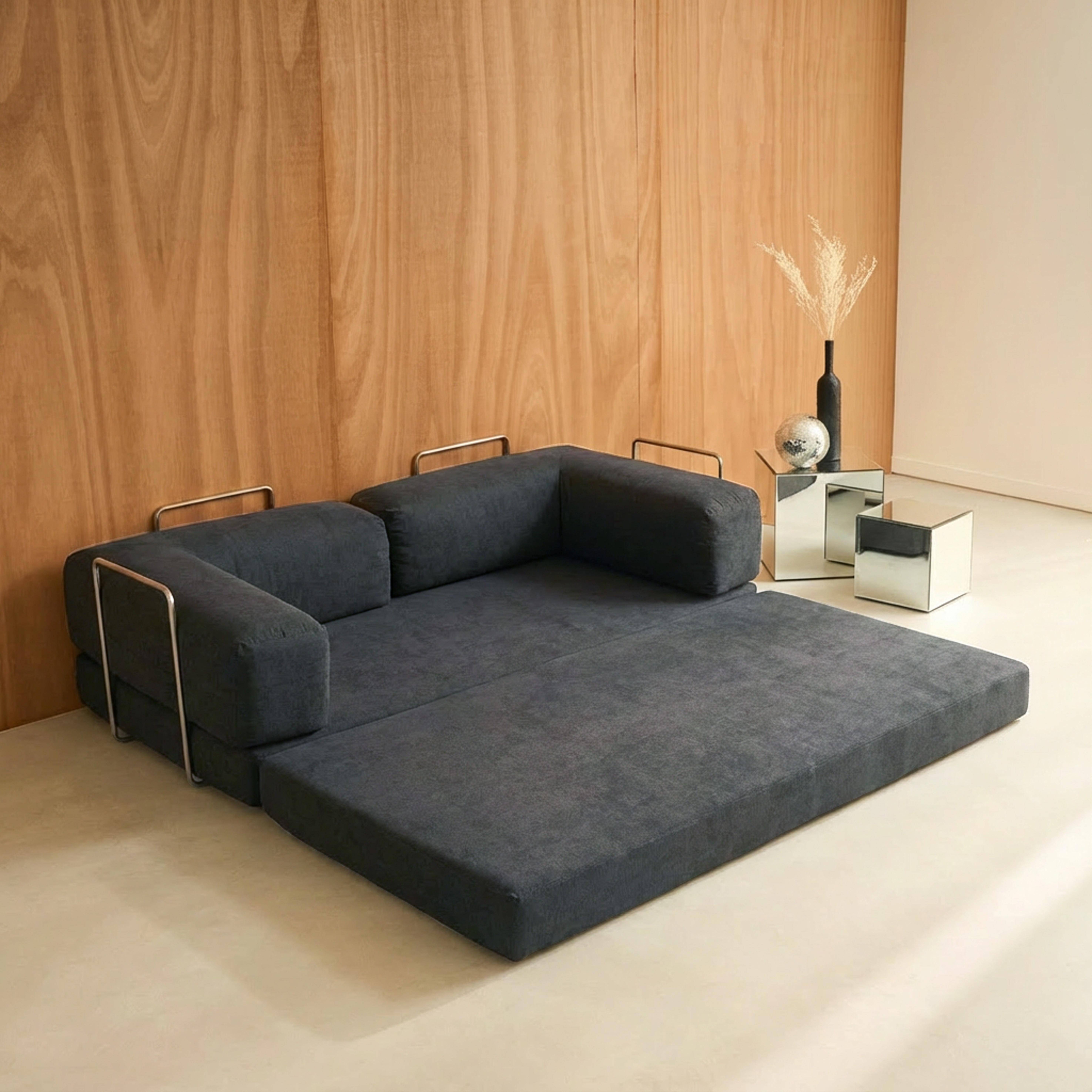 Canapé vintage convertible 3 places en velours côtelé anthracite et armatures chromées L 200 x P 100 x H 72cm - Seventies Photo7