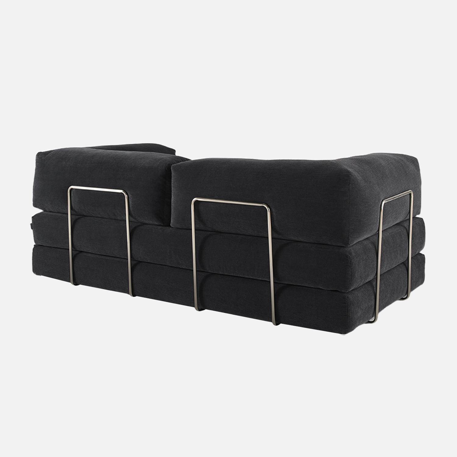 Canapé vintage convertible 3 places en velours côtelé anthracite et armatures chromées L 200 x P 100 x H 72cm - Seventies Photo3