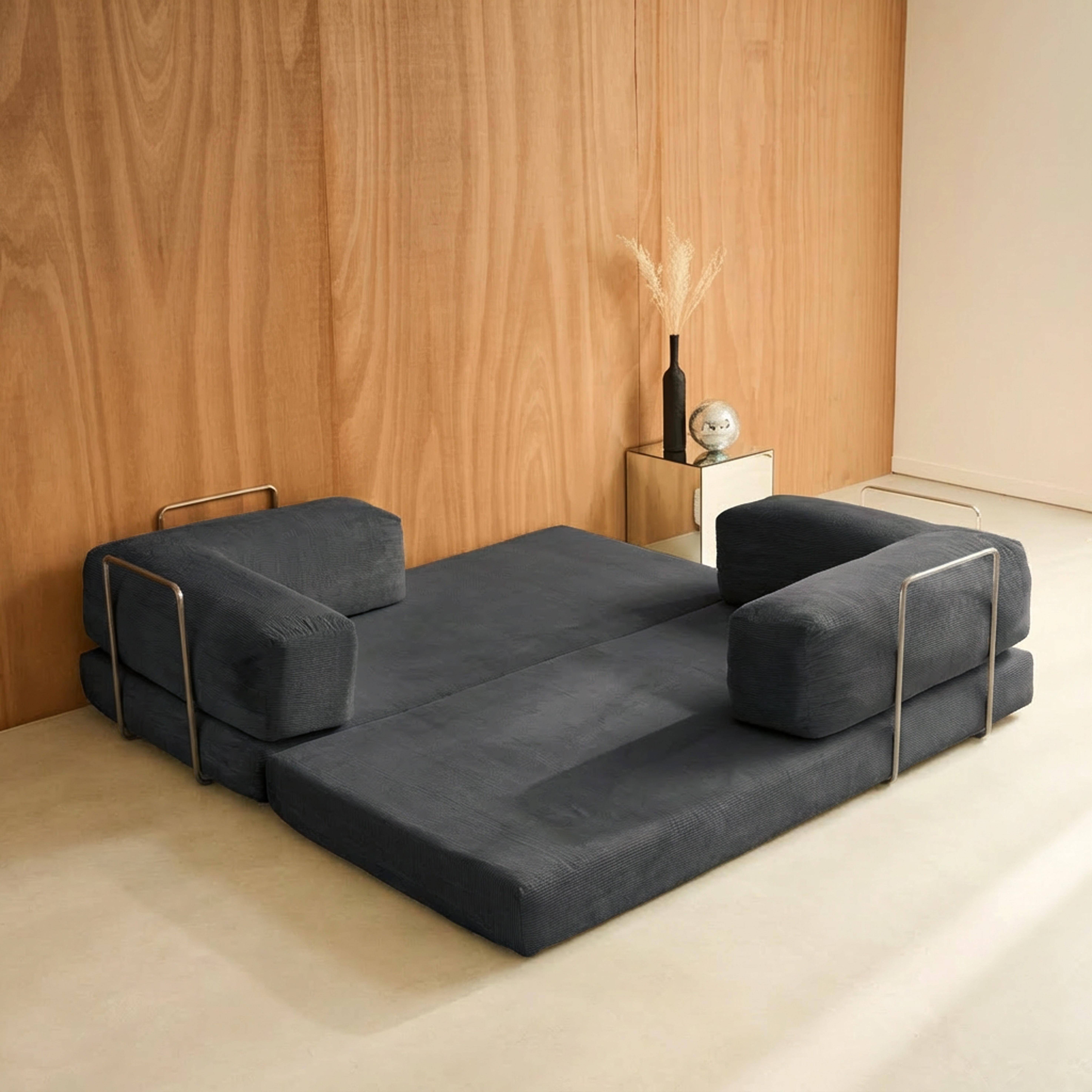 Canapé vintage convertible 3 places en velours côtelé anthracite et armatures chromées L 200 x P 100 x H 72cm - Seventies Photo8