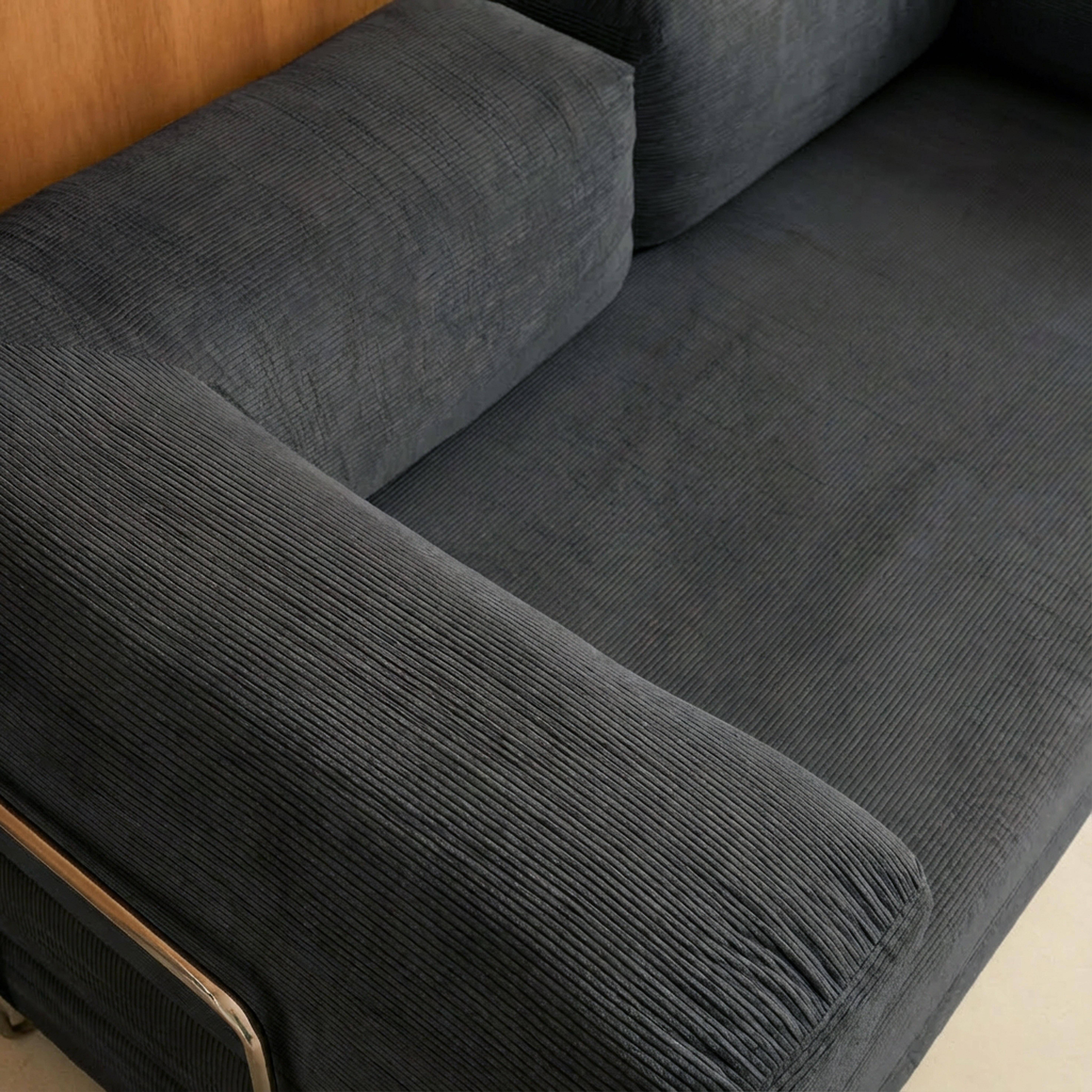 Canapé vintage convertible 3 places en velours côtelé anthracite et armatures chromées L 200 x P 100 x H 72cm - Seventies Photo6