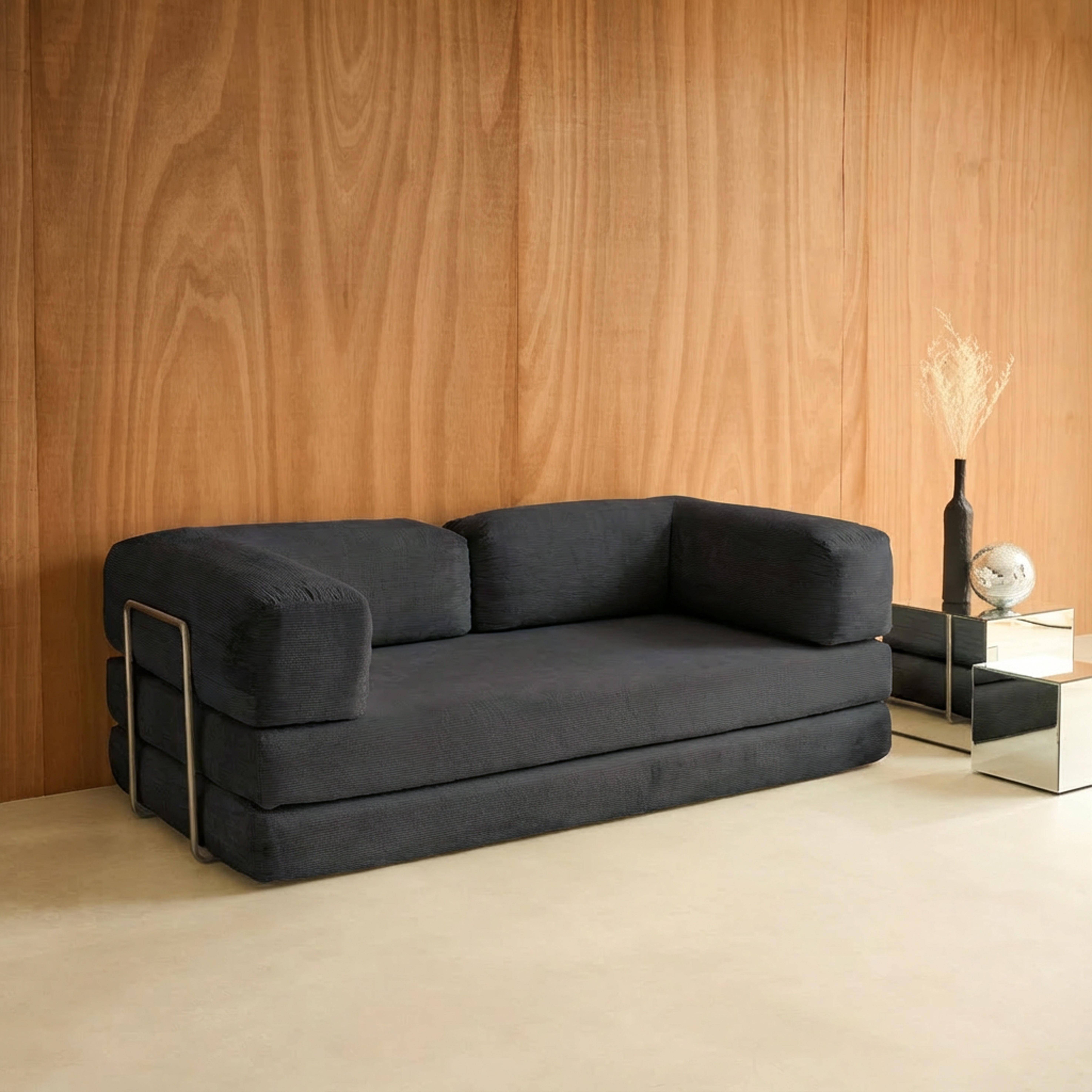 Canapé vintage convertible 3 places en velours côtelé anthracite et armatures chromées L 200 x P 100 x H 72cm - Seventies Photo2