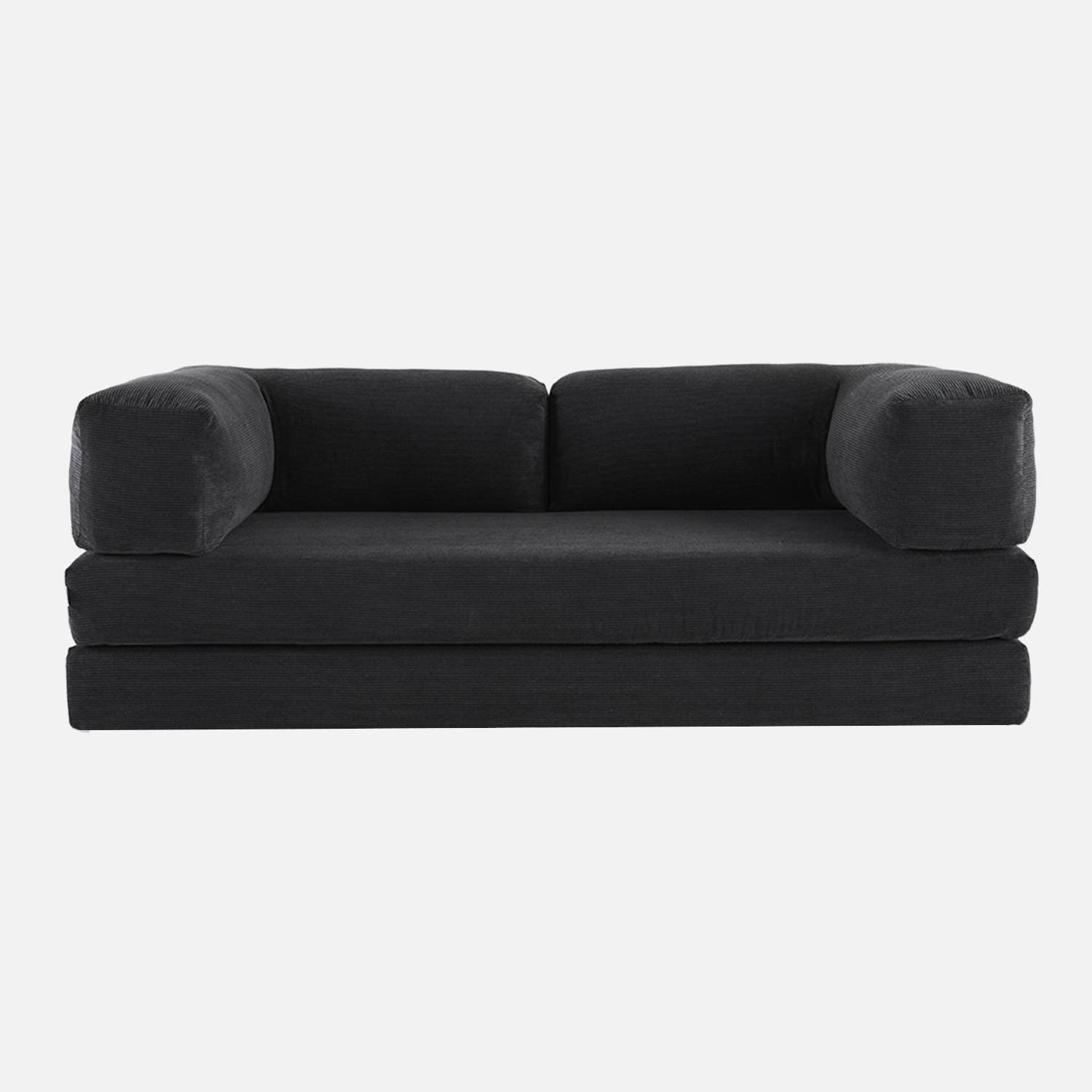 Canapé vintage convertible 3 places en velours côtelé anthracite et armatures chromées L 200 x P 100 x H 72cm - Seventies Photo2