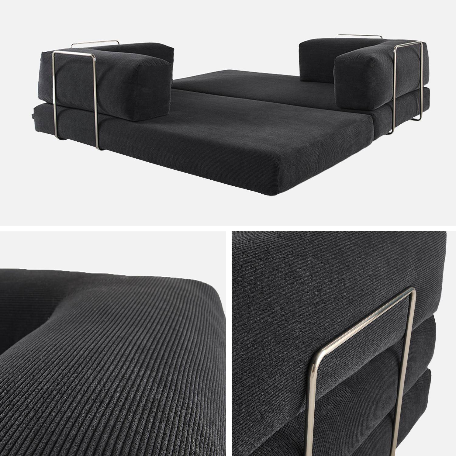 Canapé vintage convertible 3 places en velours côtelé anthracite et armatures chromées L 200 x P 100 x H 72cm - Seventies Photo5