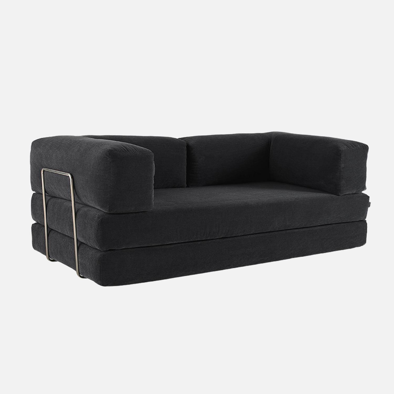 Canapé vintage convertible 3 places en velours côtelé anthracite et armatures chromées L 200 x P 100 x H 72cm - Seventies Photo1