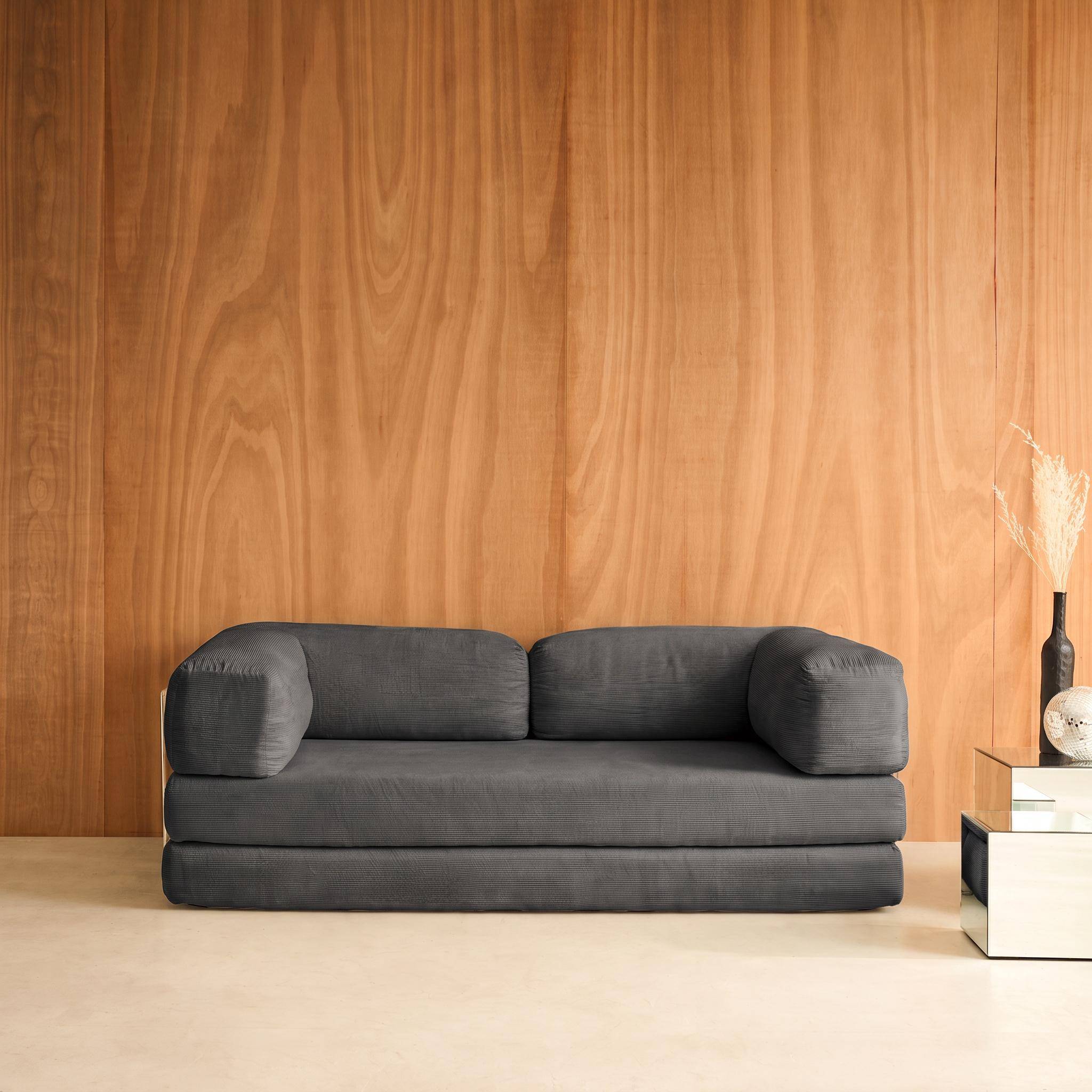 Vintage slaapbank driezits in corduroy met chromen frame antraciet 200x100x72cm - Seventies Photo1