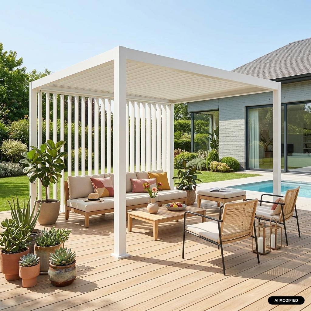 Verticaal paneel met verstelbare lamellen 4m voor pergola 4x3m Triomphe aluminium wit Photo1