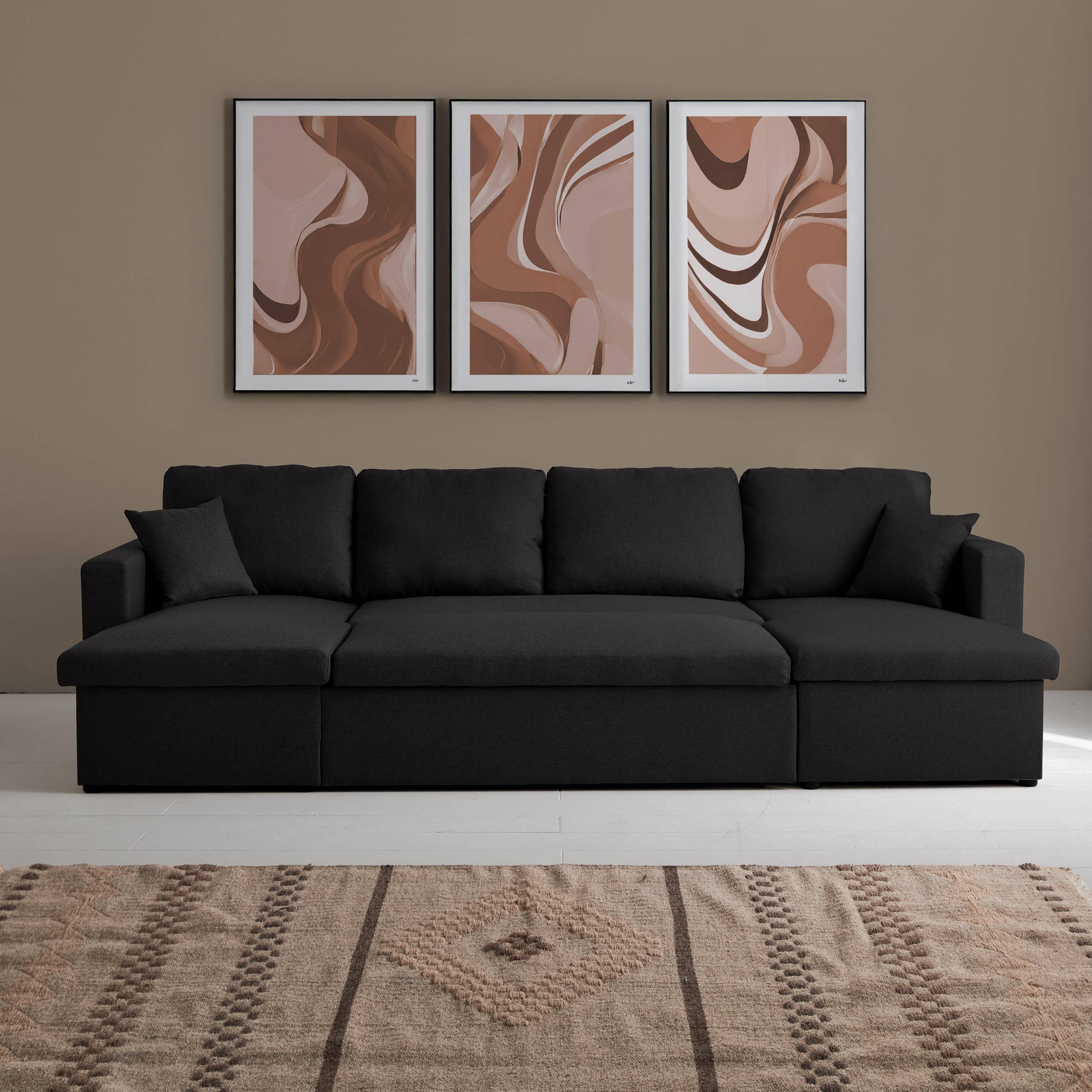 Canapé panoramique convertible en tissu noir, 4 places, coffre rangement, lit modulable  Photo3