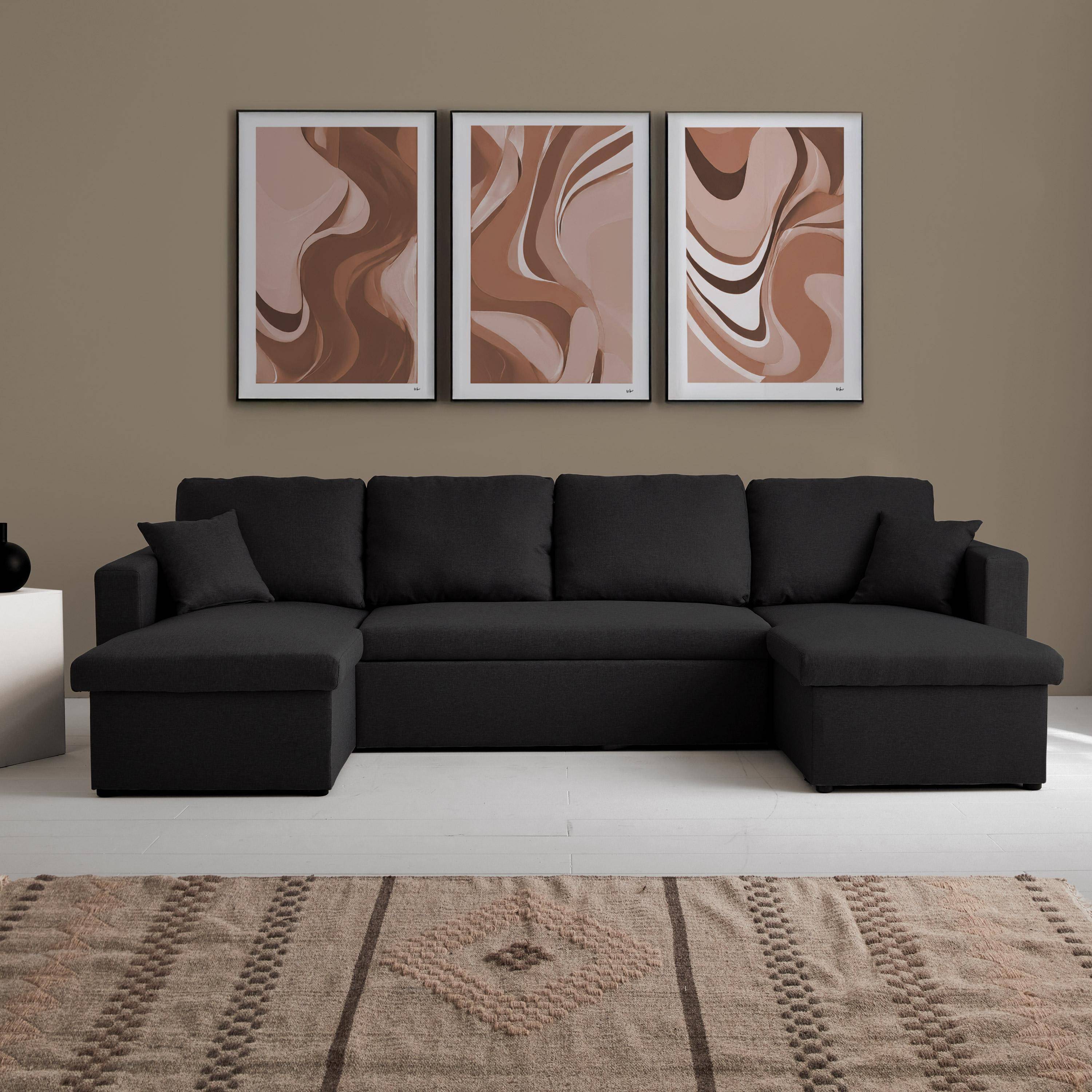 Canapé panoramique convertible en tissu noir, 4 places, coffre rangement, lit modulable ,sweeek,Photo1