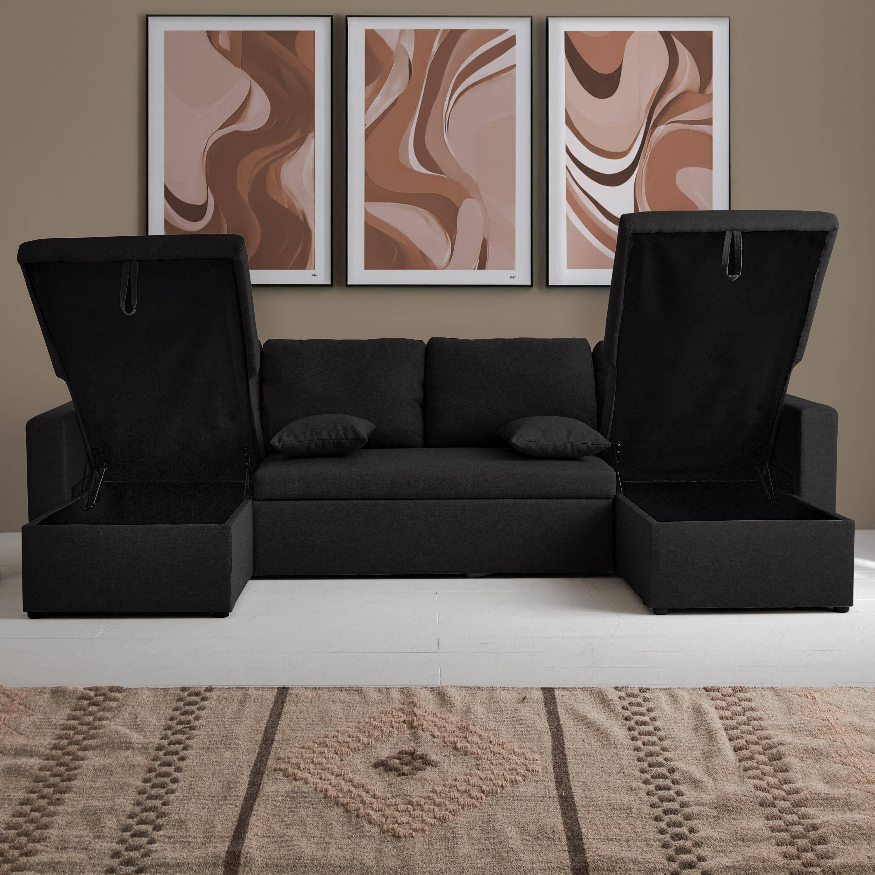 Canapé panoramique convertible en tissu noir, 4 places, coffre rangement, lit modulable  Photo2