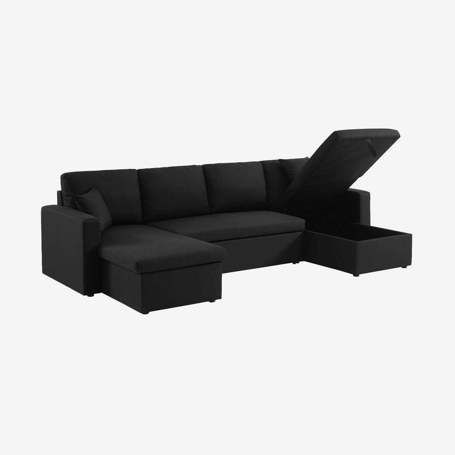 Canapé panoramique convertible en tissu noir, 4 places, coffre rangement, lit modulable  Photo8