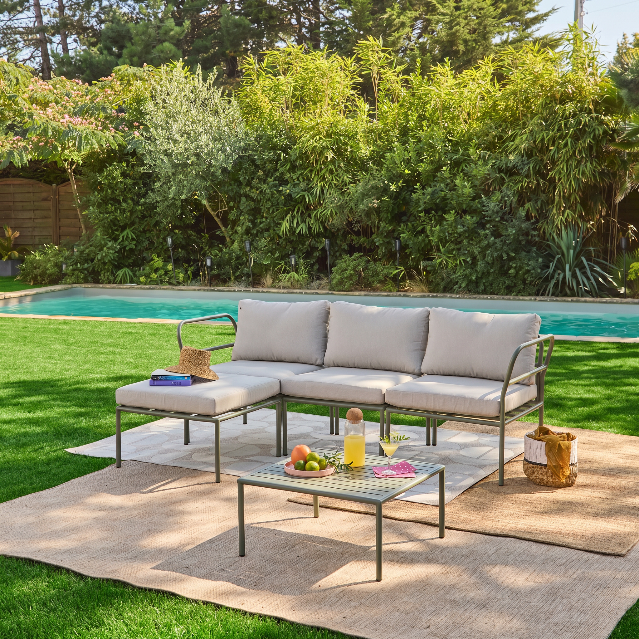 Tuinset 4 zitplaatsen modulair aluminium kaki en beige - Arcadia Photo3