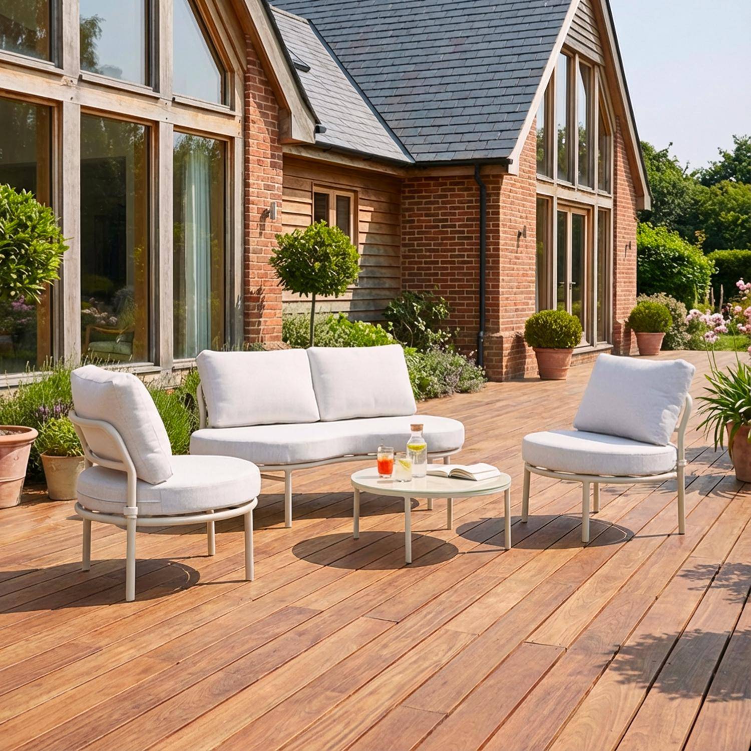 Salon de jardin aluminium et tissu beige 4 places, forme organique, table ronde - Solena Photo1