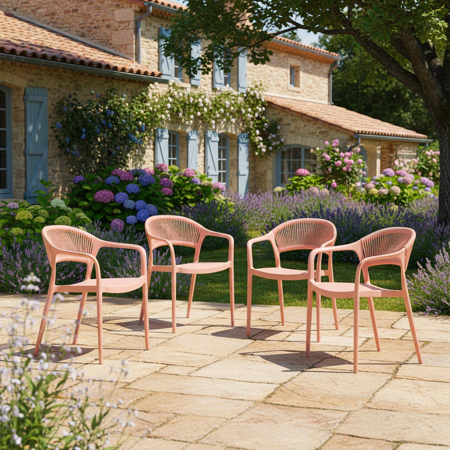 Chaise de jardin empilable avec effet corde rose (lot de 4) - Jovia Photo1