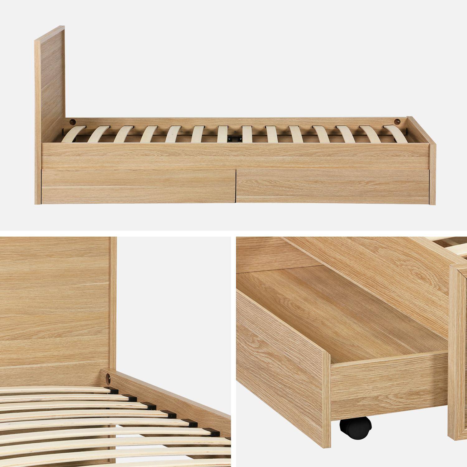 Cama com estrado de ripas e cabeceira 190cm + 2 gavetas decorativas em madeira Natural - 195x95x80 cm Photo4