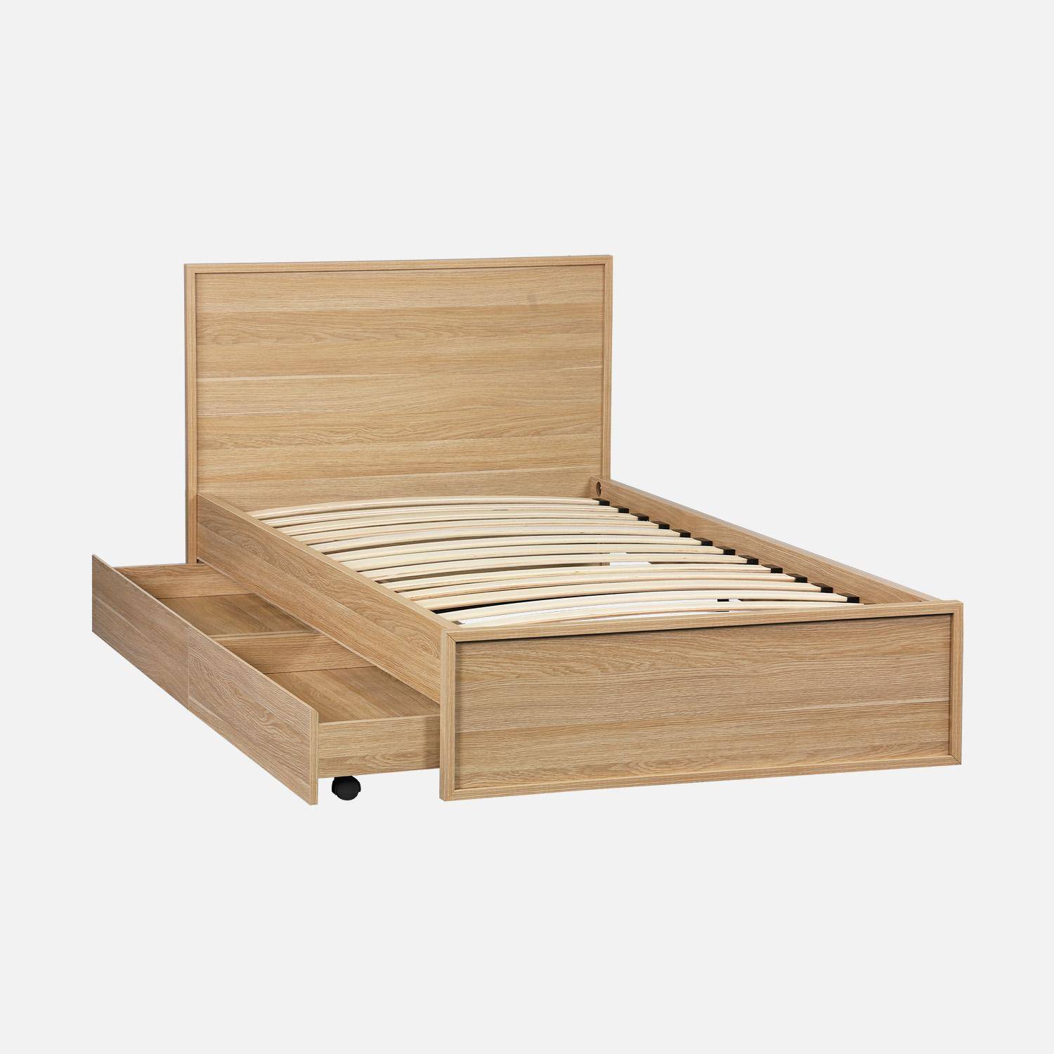Cama com estrado de ripas e cabeceira 190cm + 2 gavetas decorativas em madeira Natural - 195x95x80 cm,sweeek,Photo3