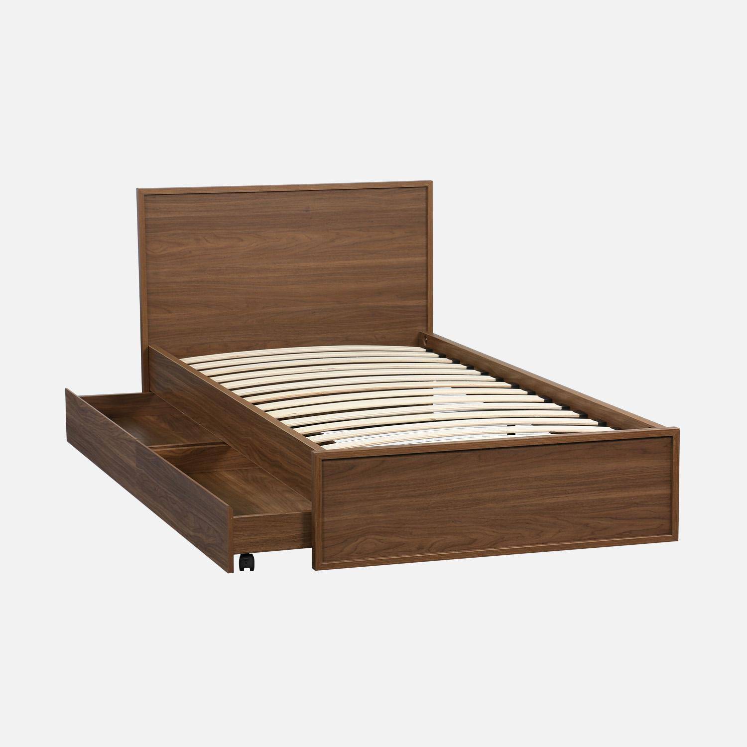 Lit avec sommier à lattes et tête de lit 90 x 190cm + 2 tiroirs décor bois noyer - Kuba,sweeek,Photo2