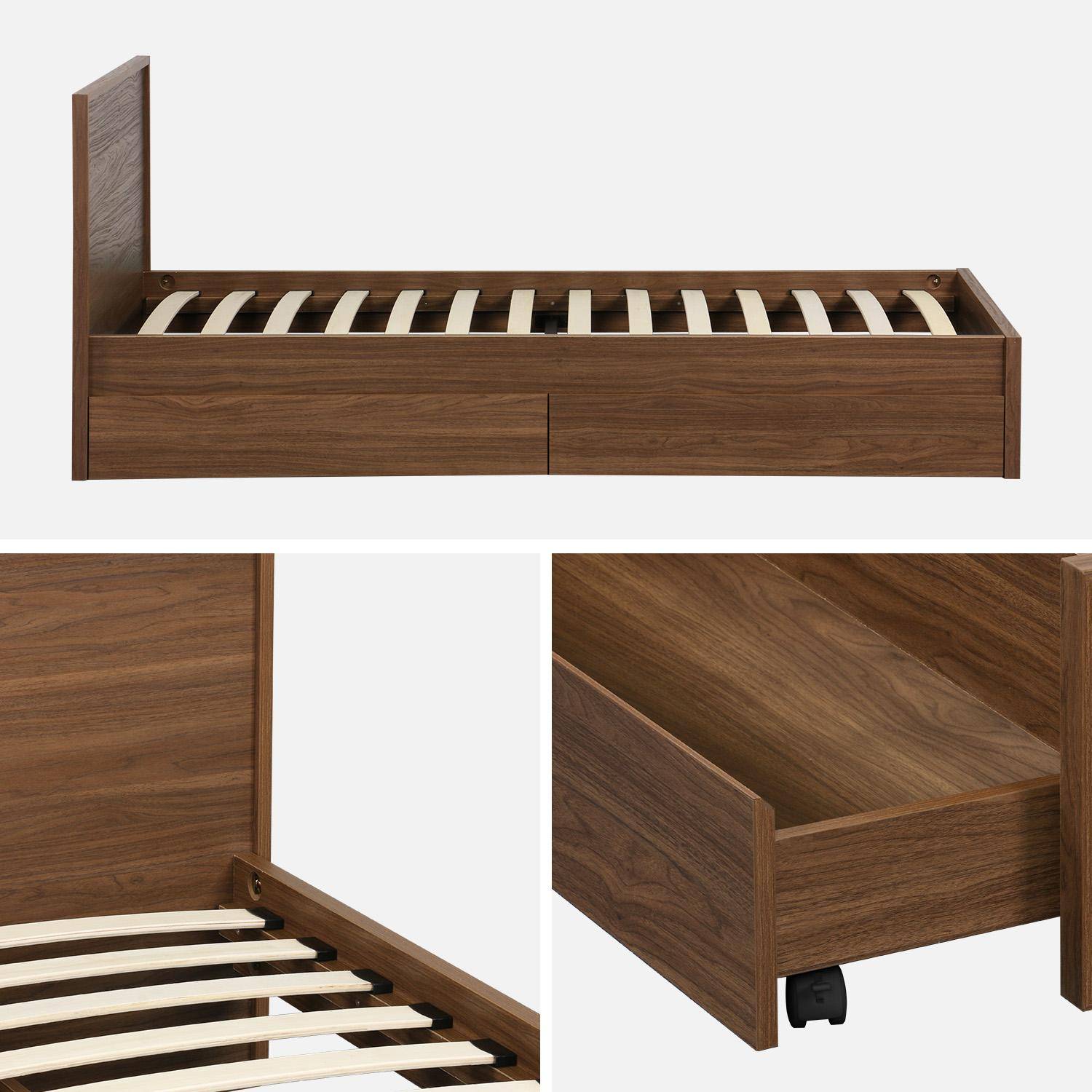Lit avec sommier à lattes et tête de lit 90 x 190cm + 2 tiroirs décor bois noyer - Kuba Photo4