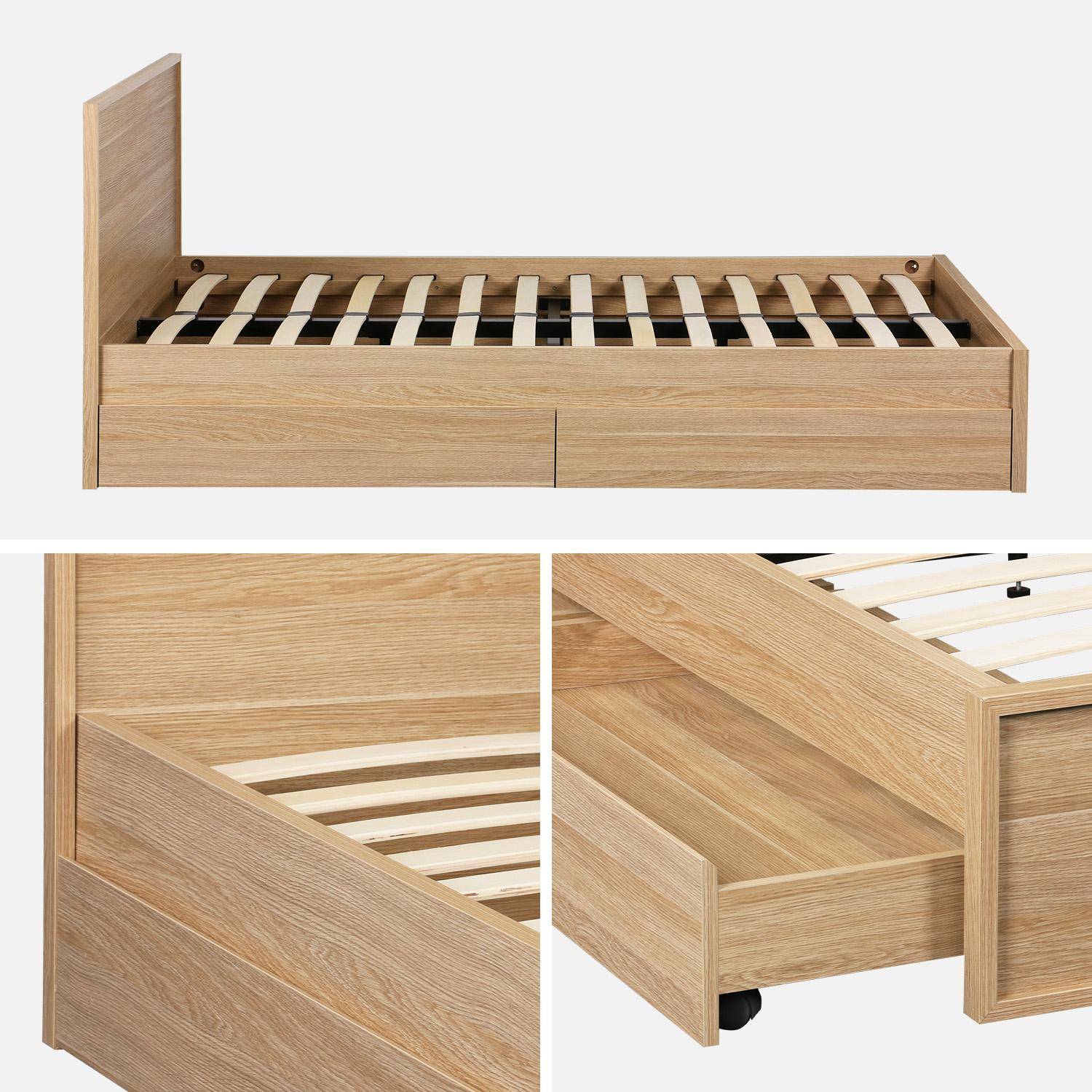 Lit avec sommier à lattes et tête de lit 140 x 190cm + 4 tiroirs décor bois naturel - Kuba,sweeek,Photo4