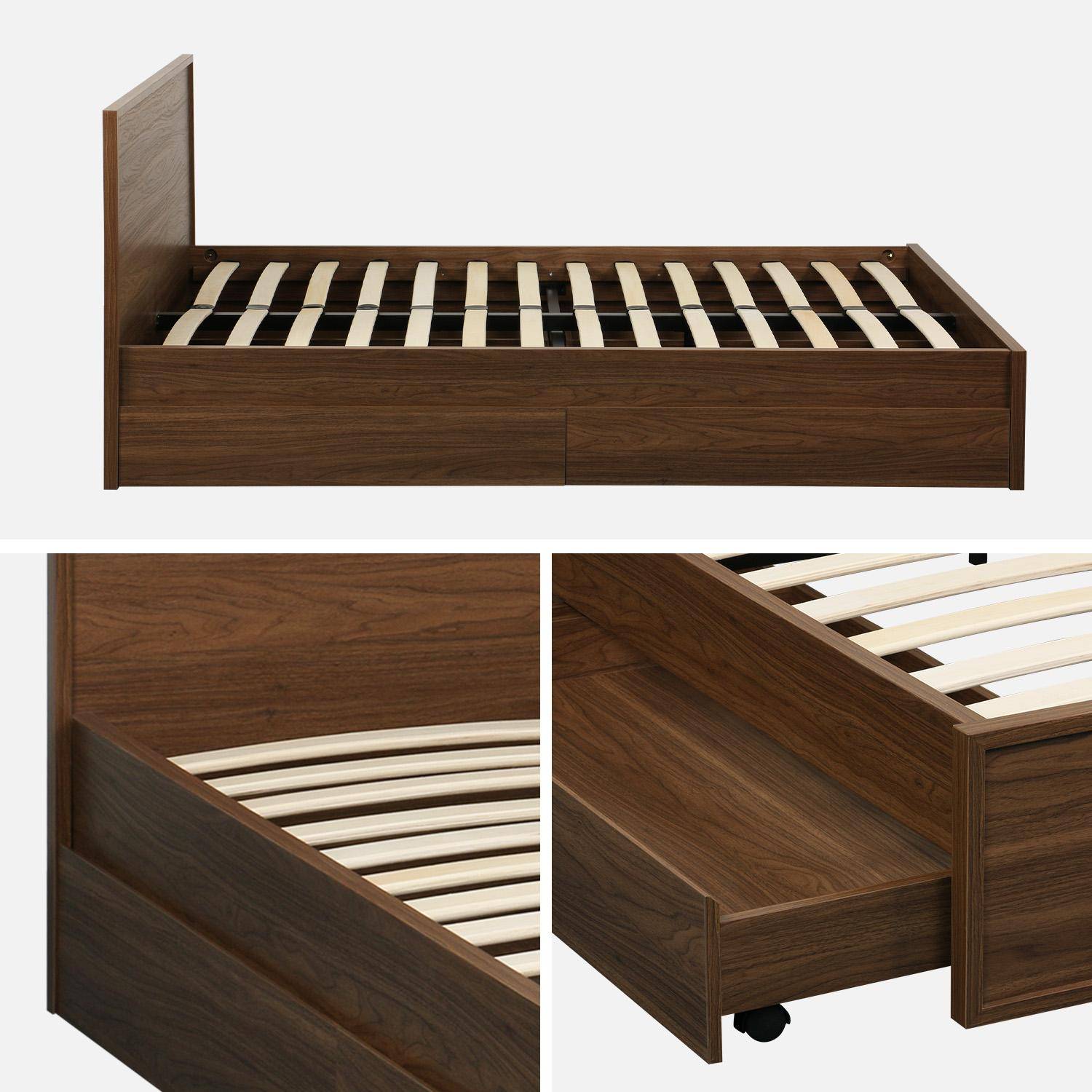 Lit avec sommier à lattes et tête de lit 140 x 190cm + 4 tiroirs décor bois noyer - Kuba,sweeek,Photo4