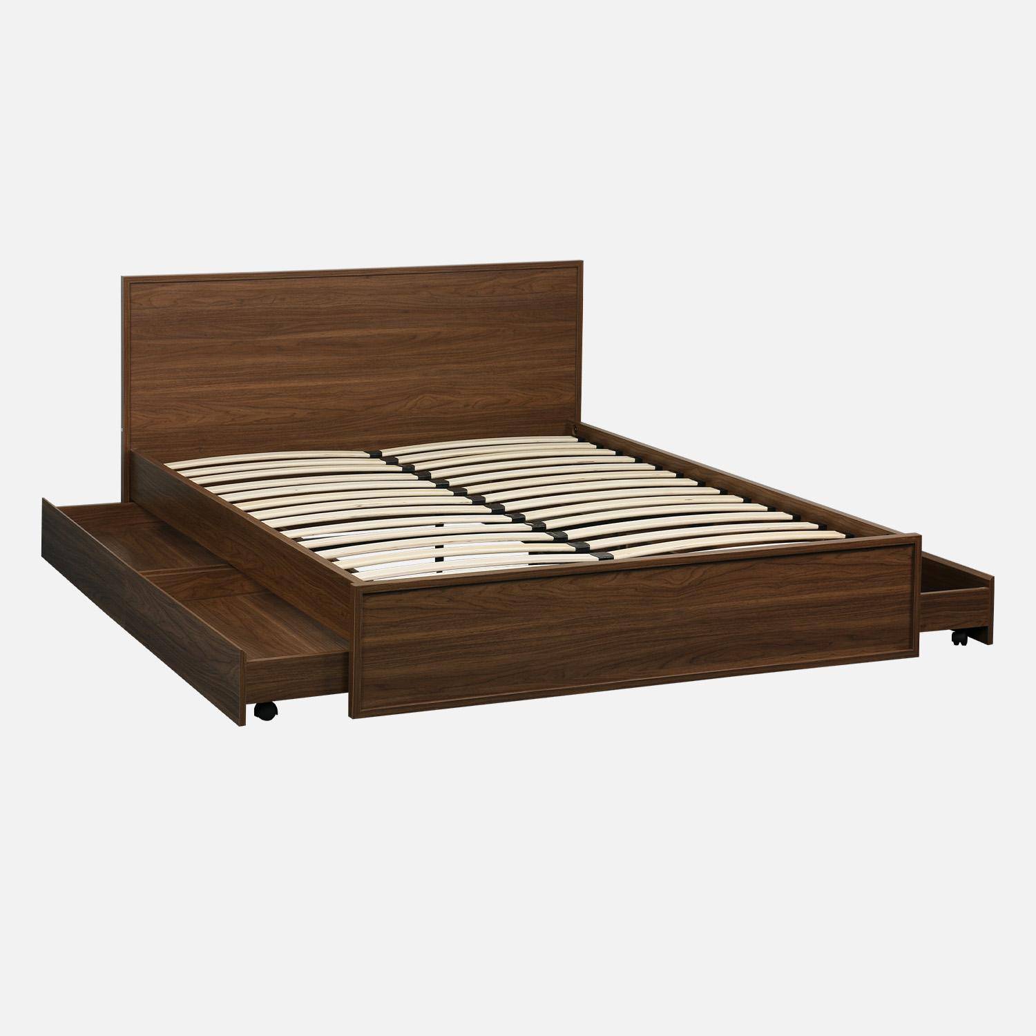 Lit avec sommier à lattes et tête de lit 140 x 190cm + 4 tiroirs décor bois noyer - Kuba,sweeek,Photo2