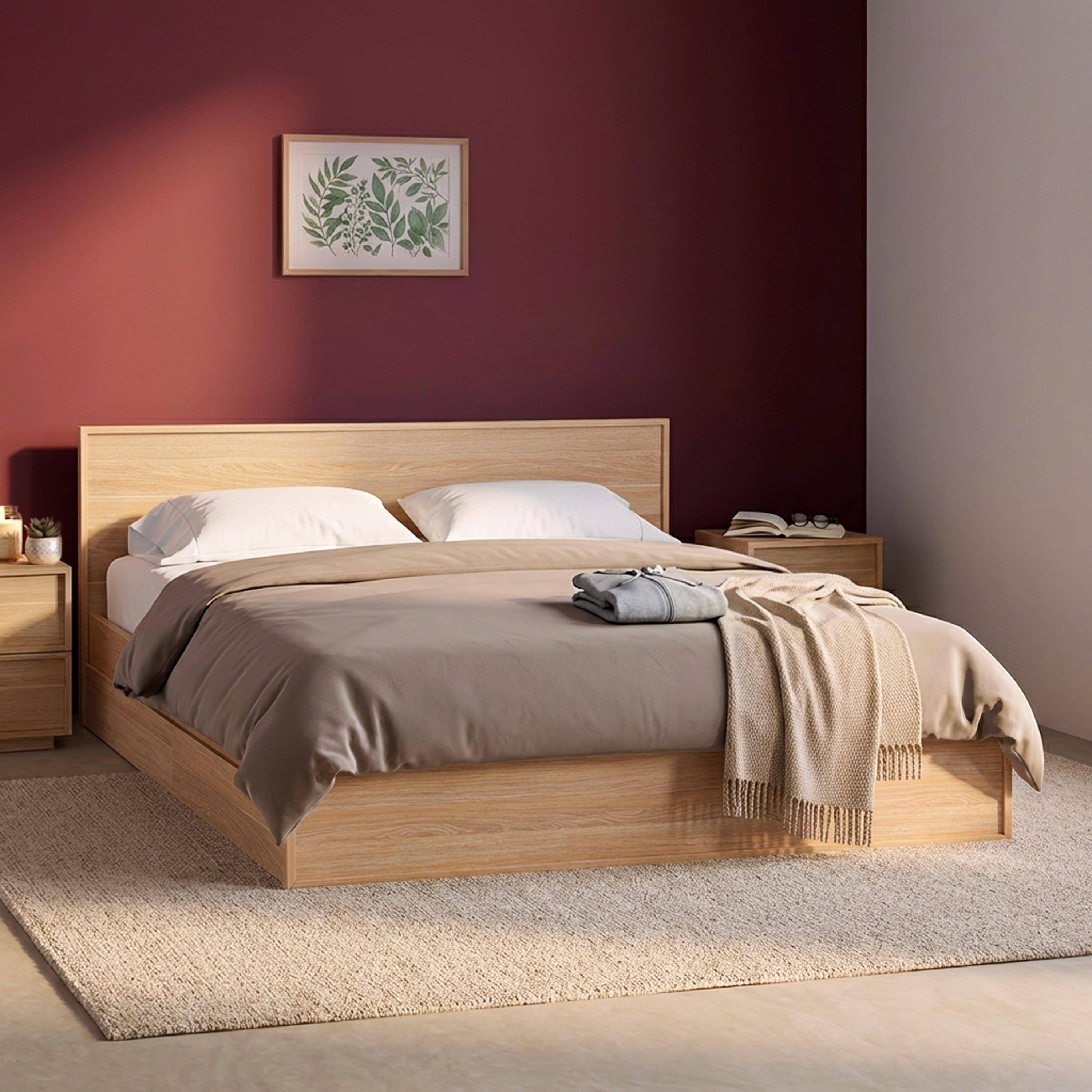 Lit avec sommier à lattes et tête de lit 160 x 200cm + 4 tiroirs décor bois naturel - Kuba,sweeek,Photo1