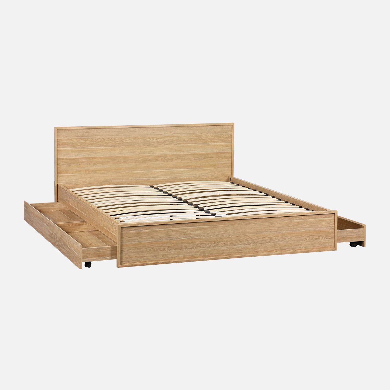 Lit avec sommier à lattes et tête de lit 160 x 200cm + 4 tiroirs décor bois naturel - Kuba,sweeek,Photo2