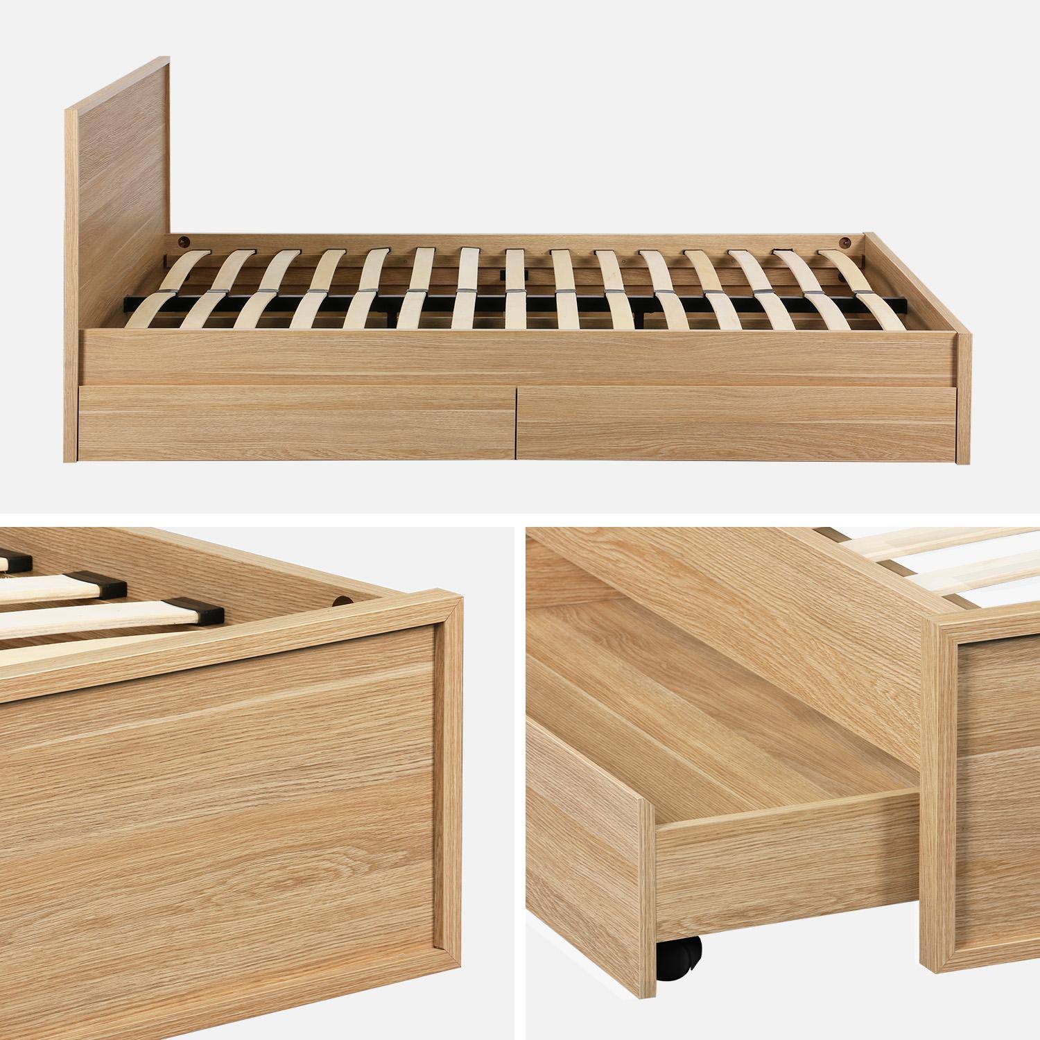 Lit avec sommier à lattes et tête de lit 160 x 200cm + 4 tiroirs décor bois naturel - Kuba,sweeek,Photo4