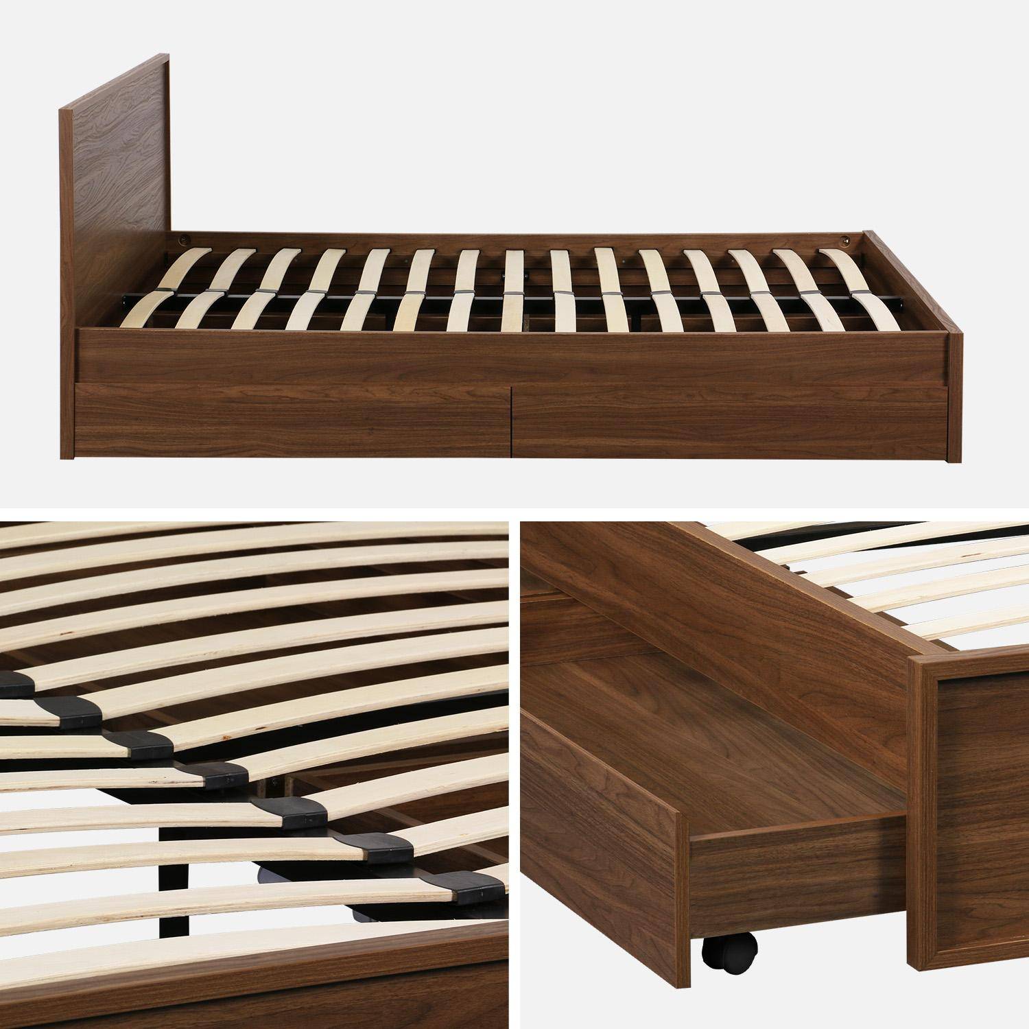 Lit avec sommier à lattes et tête de lit 160 x 200cm + 4 tiroirs noyer - Kuba Photo4