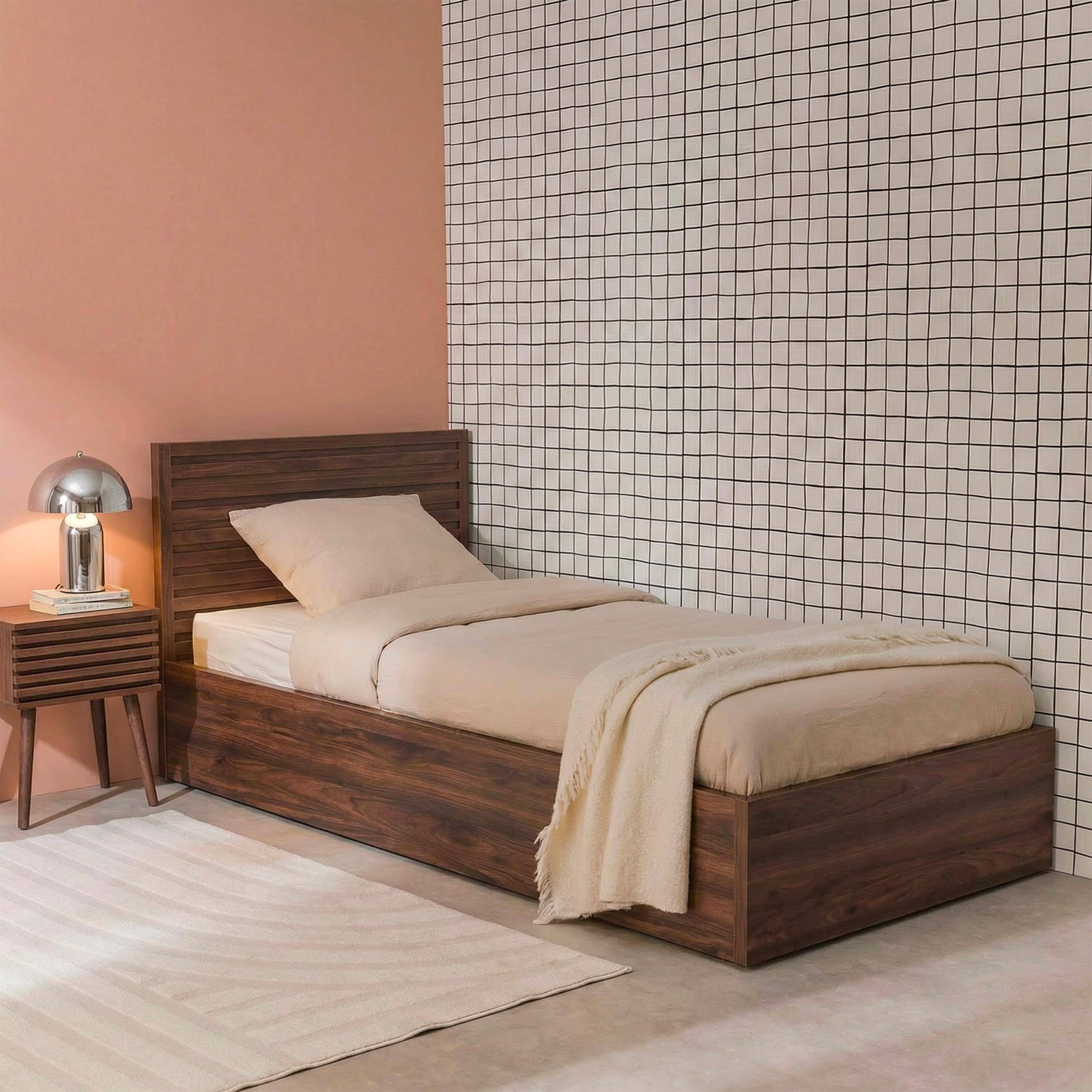 Cama com estrado de ripas e cabeceira 90x190cm, acabamento em madeira Madeira de nogueira - 196.5x97x80 cm,sweeek,Photo1