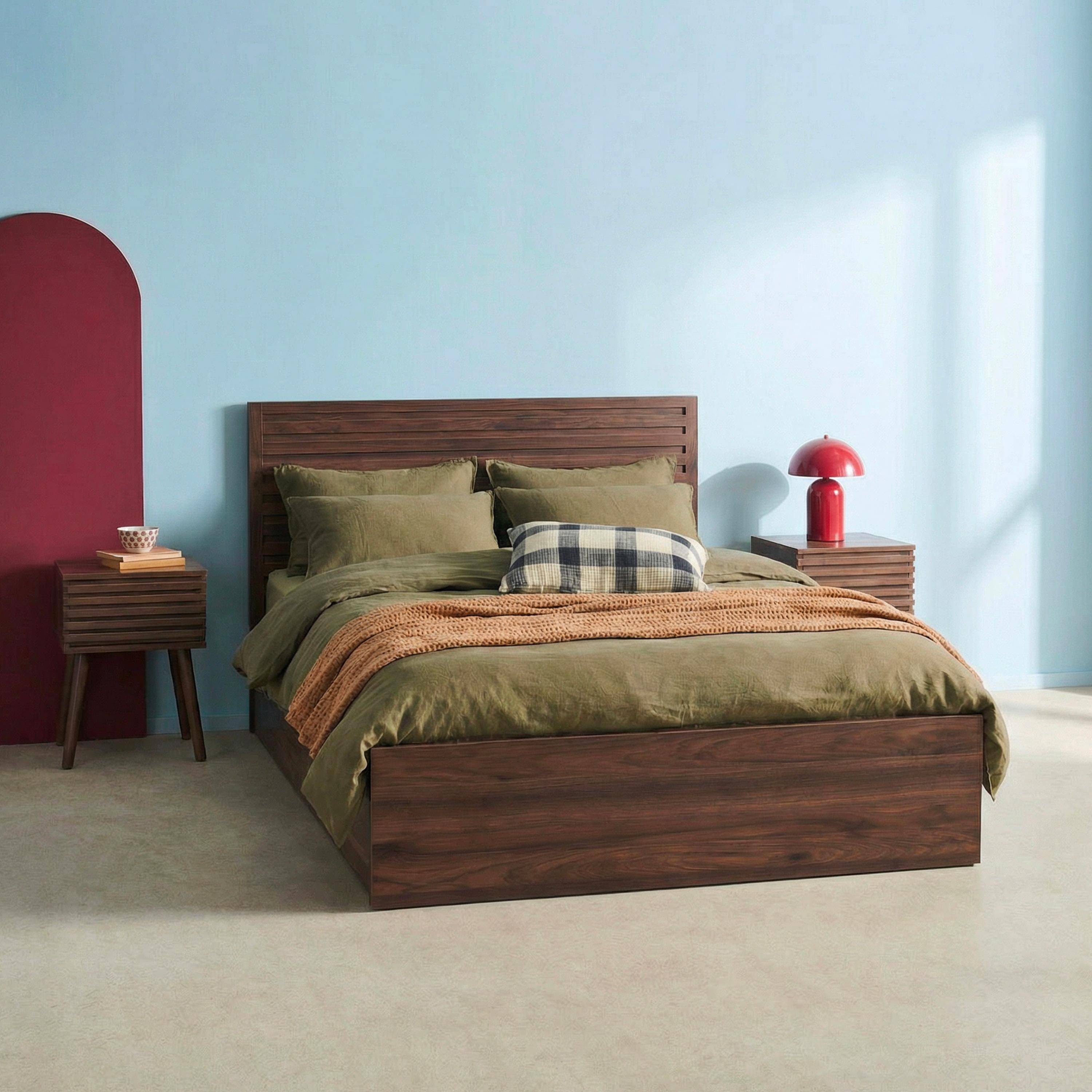 Cama com estrado de ripas e cabeceira 140x190cm, acabamento em madeira Madeira de nogueira - 195x145x80 cm Photo1