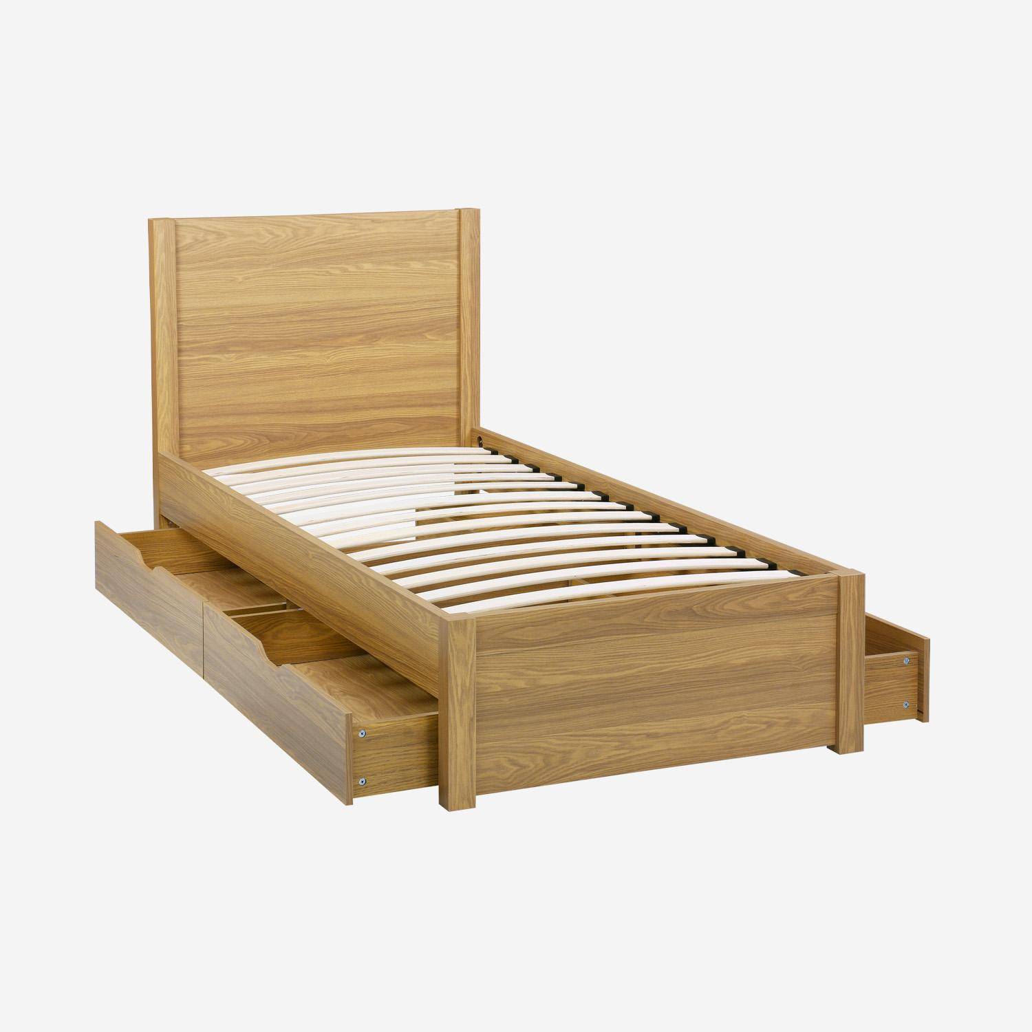 Lit avec sommier à lattes et tête de lit 90 x 190cm + 4 tiroirs décor bois naturel - Nepal,sweeek,Photo2