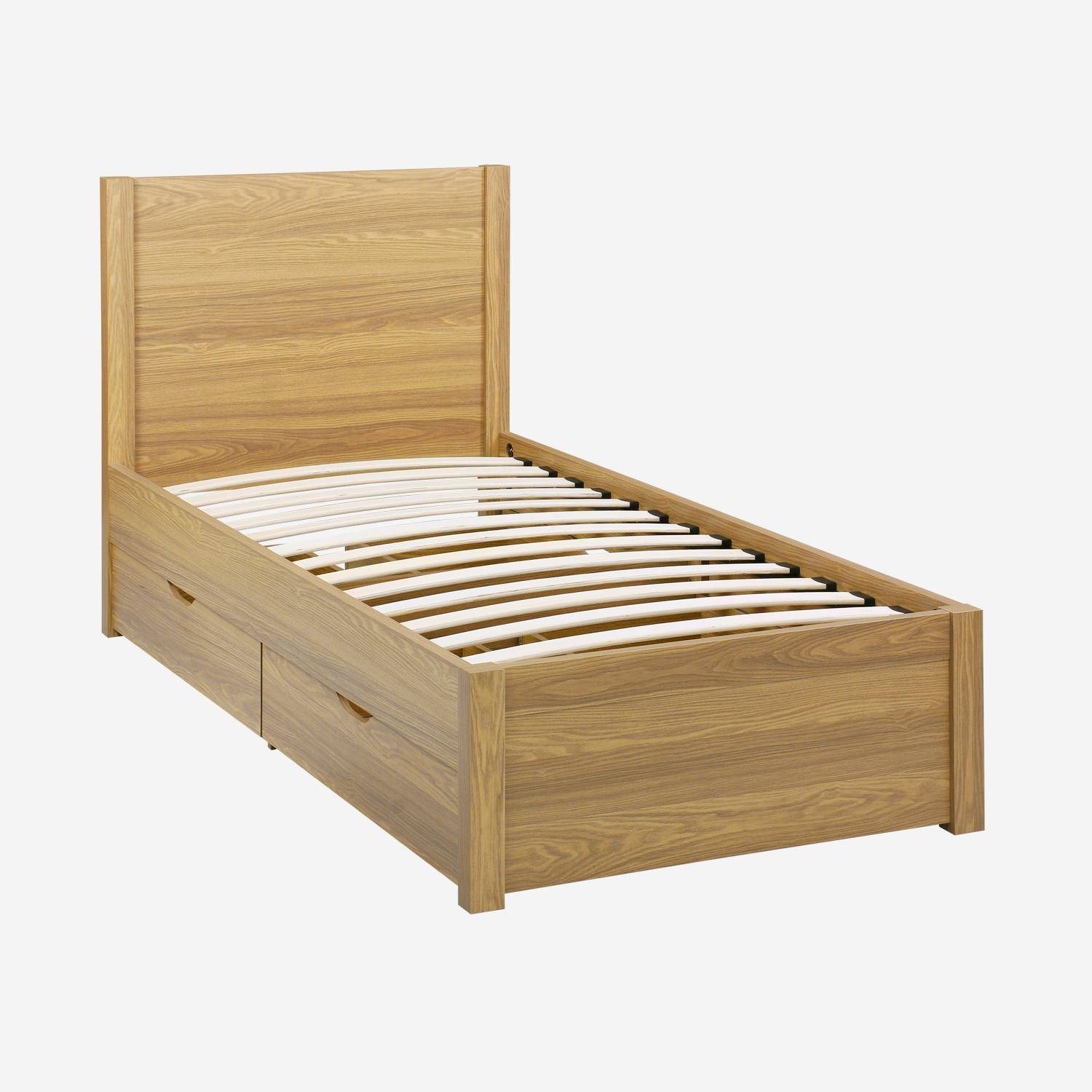 Letto con rete a doghe e testiera 90x190cm + 4 cassetti Marrone naturale - 201x96.2x100 cm,sweeek,Photo2