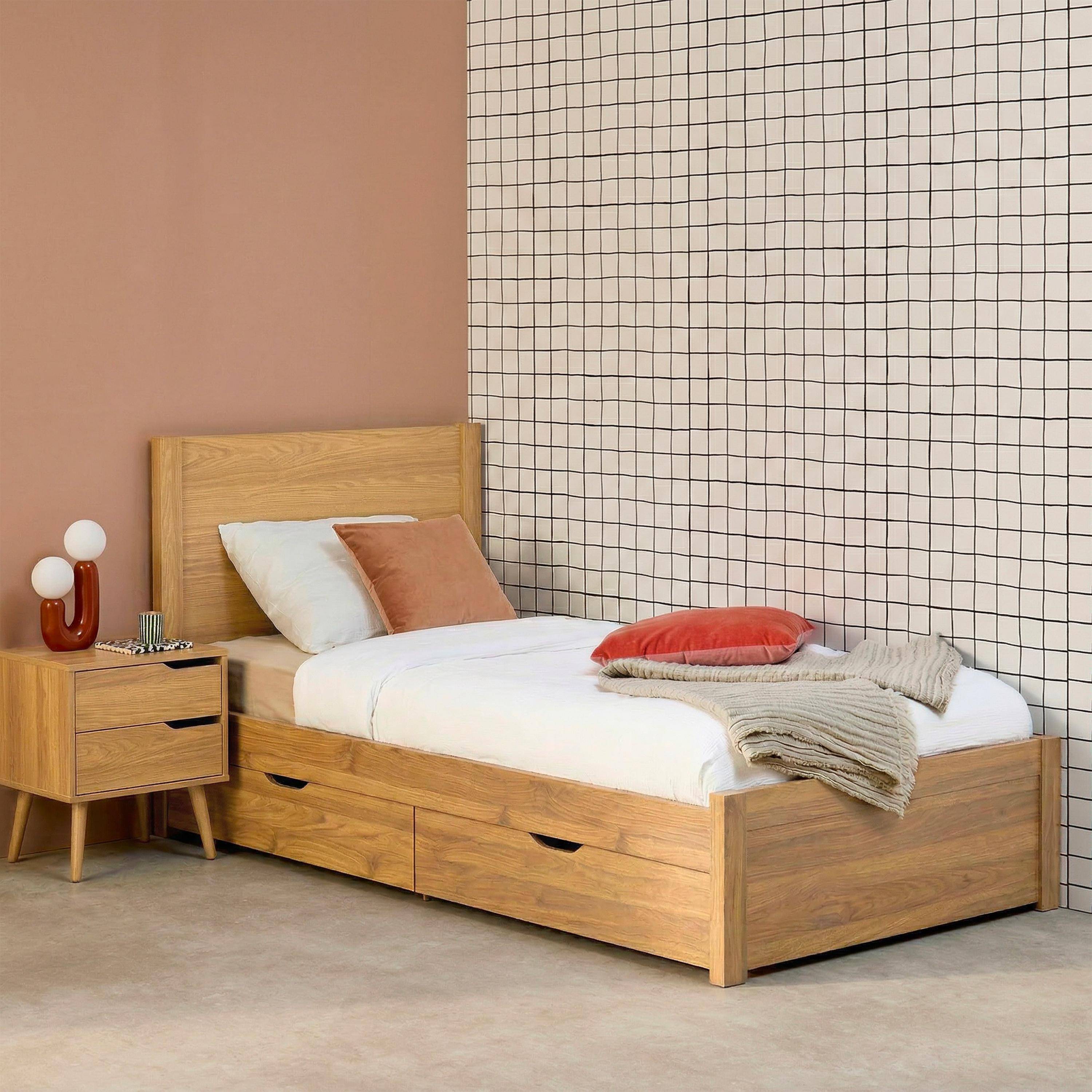 Letto con rete a doghe e testiera 90x190cm + 4 cassetti Marrone naturale - 201x96.2x100 cm,sweeek,Photo1