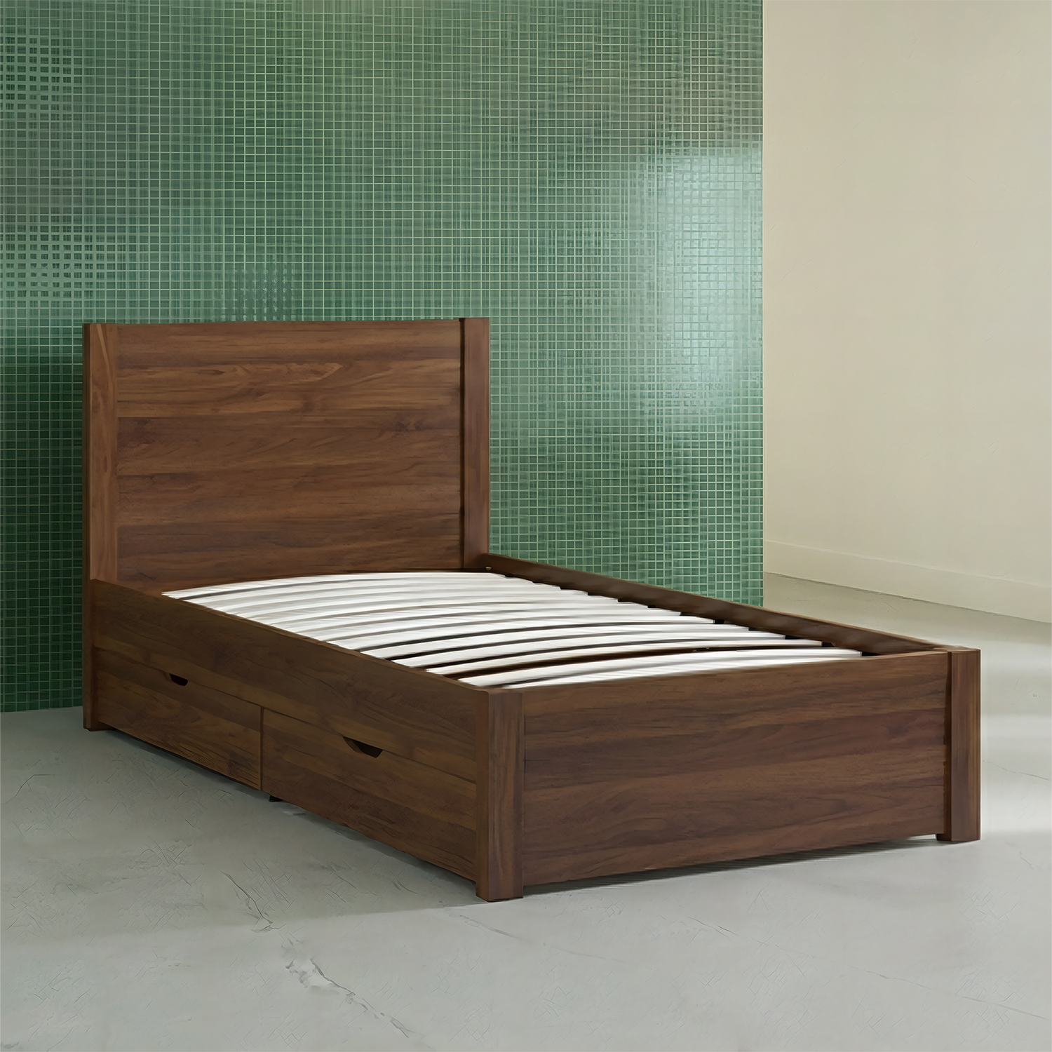 Cama con somier de láminas y cabecero, 90cm + 4 cajones decorativos de madera, Nepal, Nogal, 201x96.2x100 cm Photo2